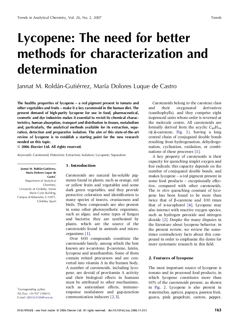 Lycopene: The need for better methods for characterization and determination