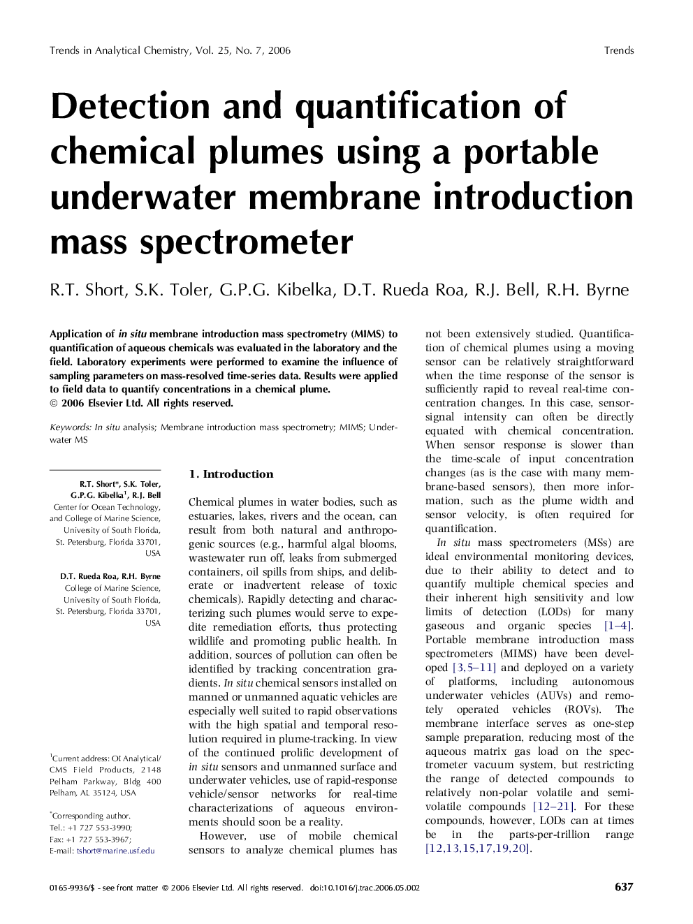 Detection and quantification of chemical plumes using a portable underwater membrane introduction mass spectrometer