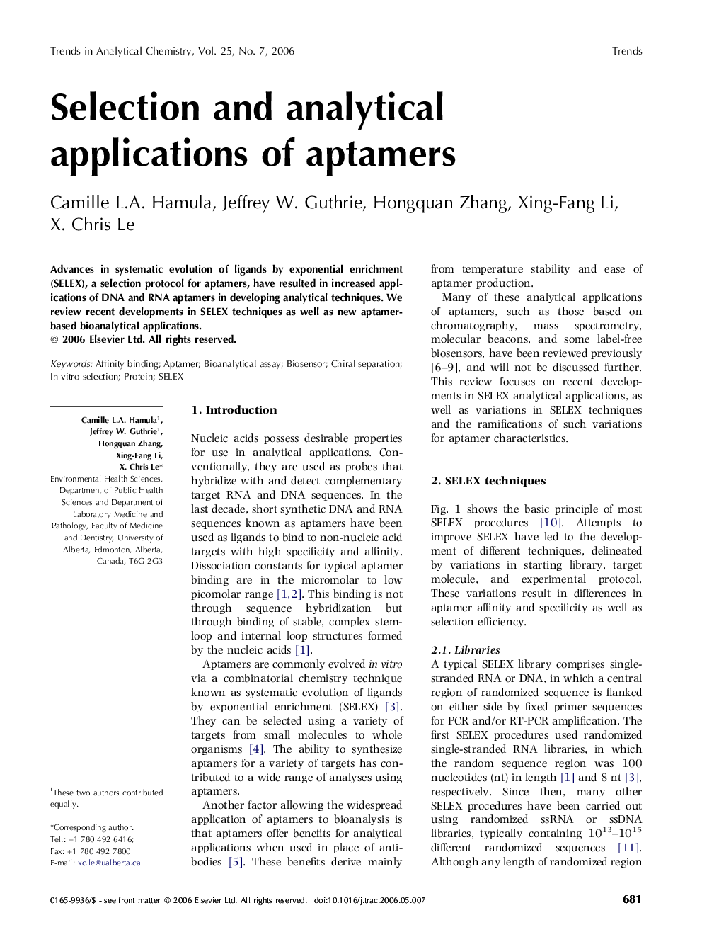 Selection and analytical applications of aptamers