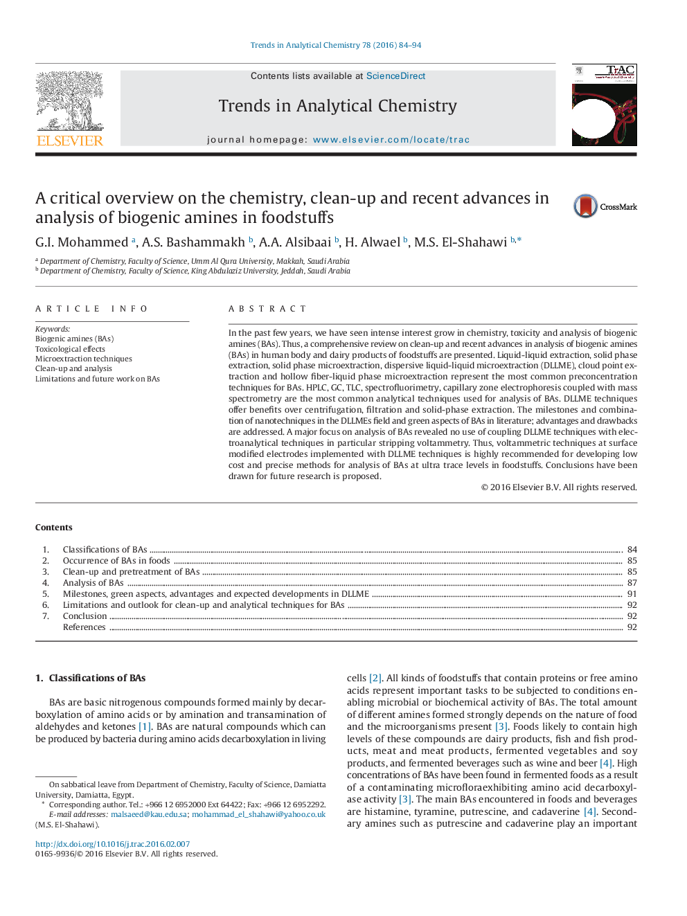 A critical overview on the chemistry, clean-up and recent advances in analysis of biogenic amines in foodstuffs 