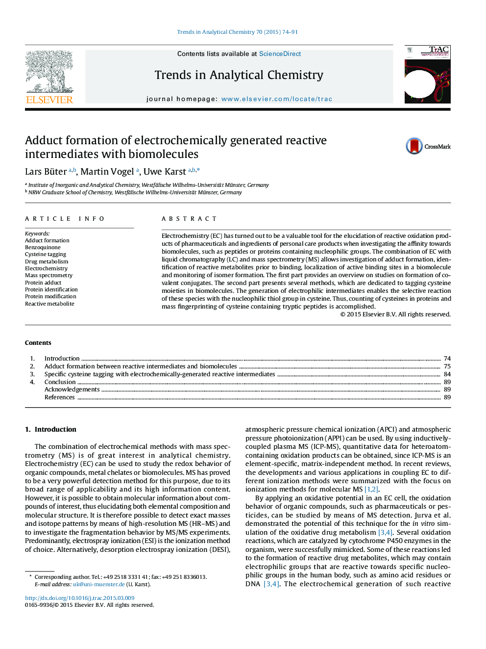 Adduct formation of electrochemically generated reactive intermediates with biomolecules