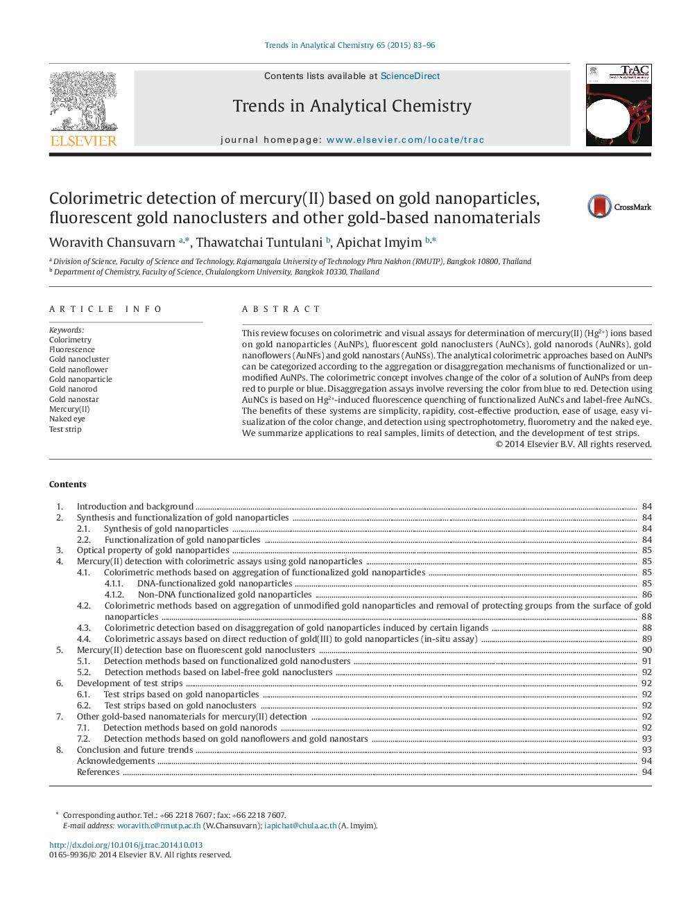 Colorimetric detection of mercury(II) based on gold nanoparticles, fluorescent gold nanoclusters and other gold-based nanomaterials