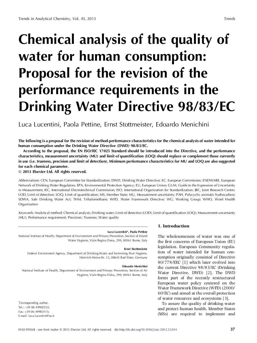 Chemical analysis of the quality of water for human consumption: Proposal for the revision of the performance requirements in the Drinking Water Directive 98/83/EC