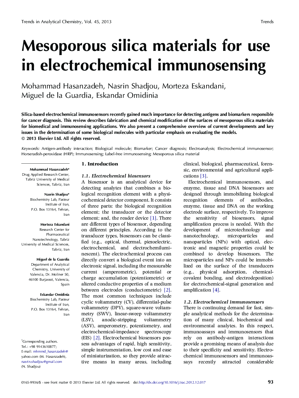 Mesoporous silica materials for use in electrochemical immunosensing