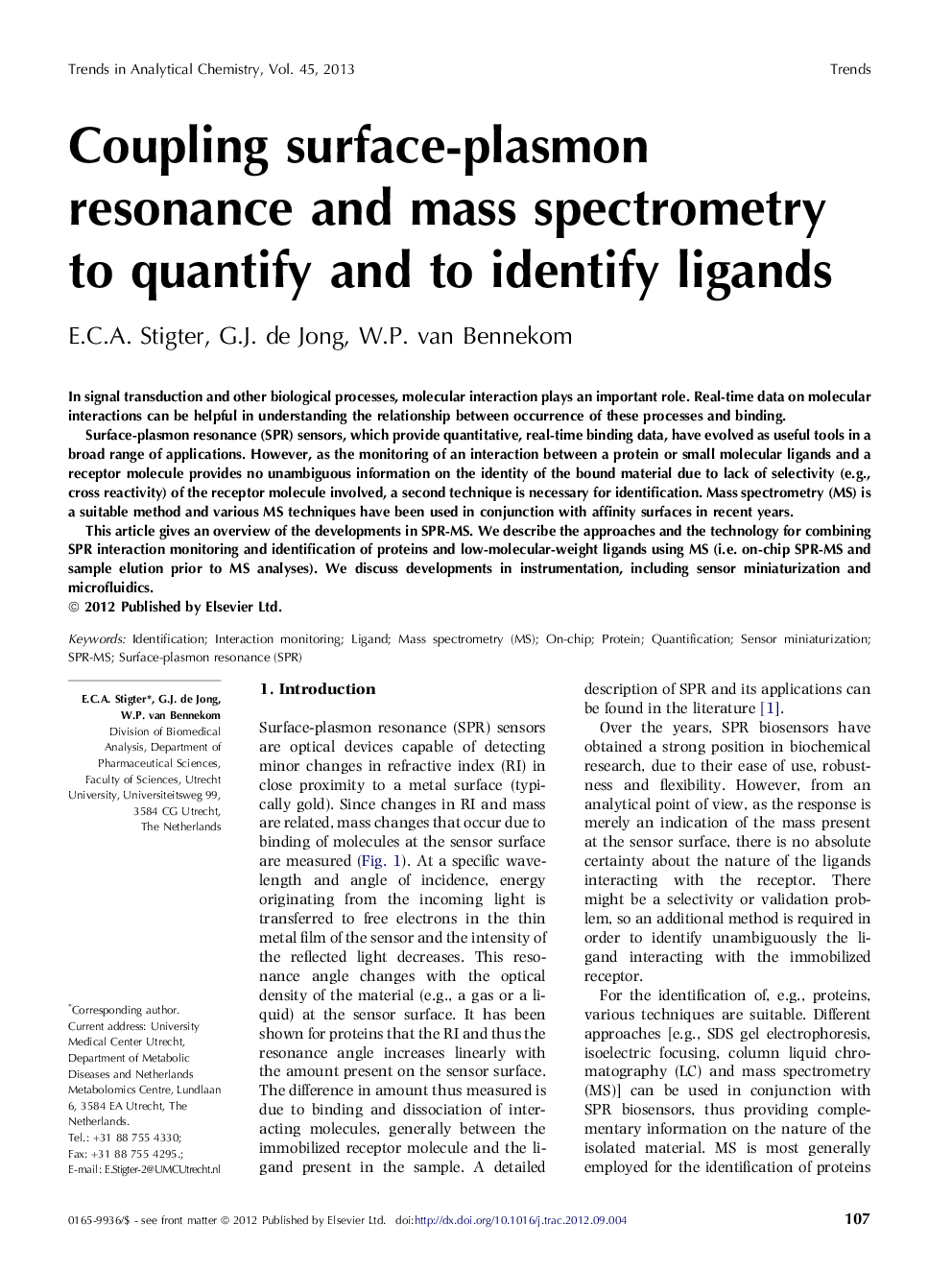 Coupling surface-plasmon resonance and mass spectrometry to quantify and to identify ligands