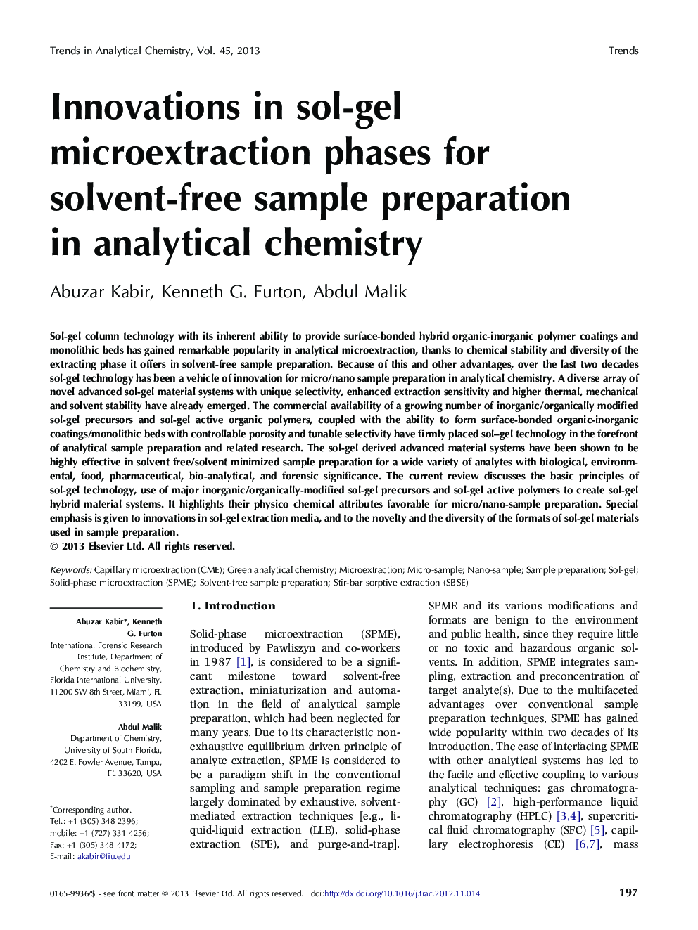 Innovations in sol-gel microextraction phases for solvent-free sample preparation in analytical chemistry