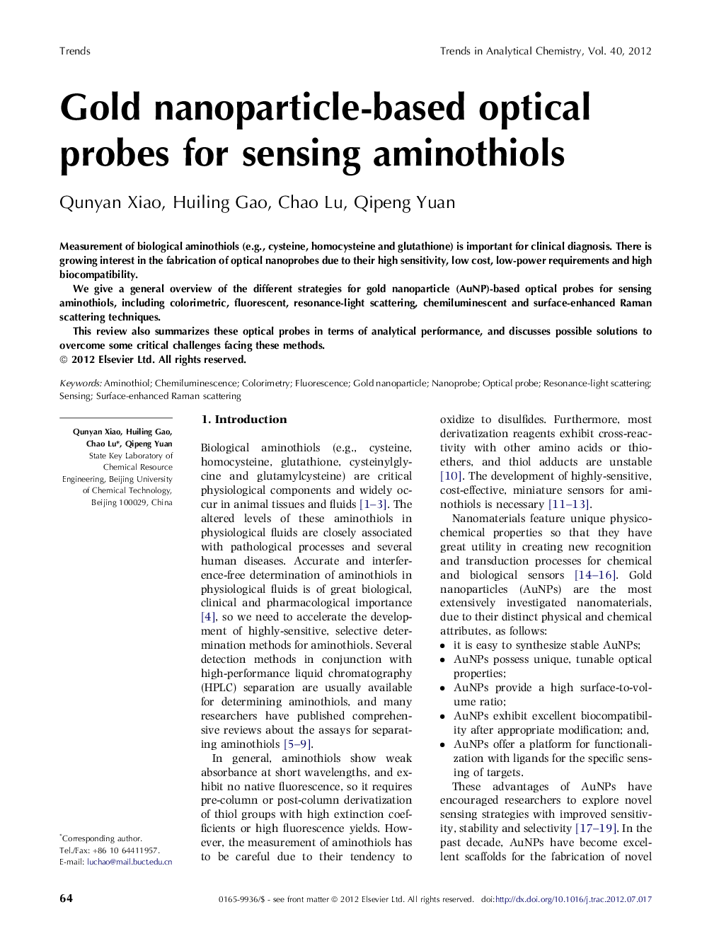 Gold nanoparticle-based optical probes for sensing aminothiols