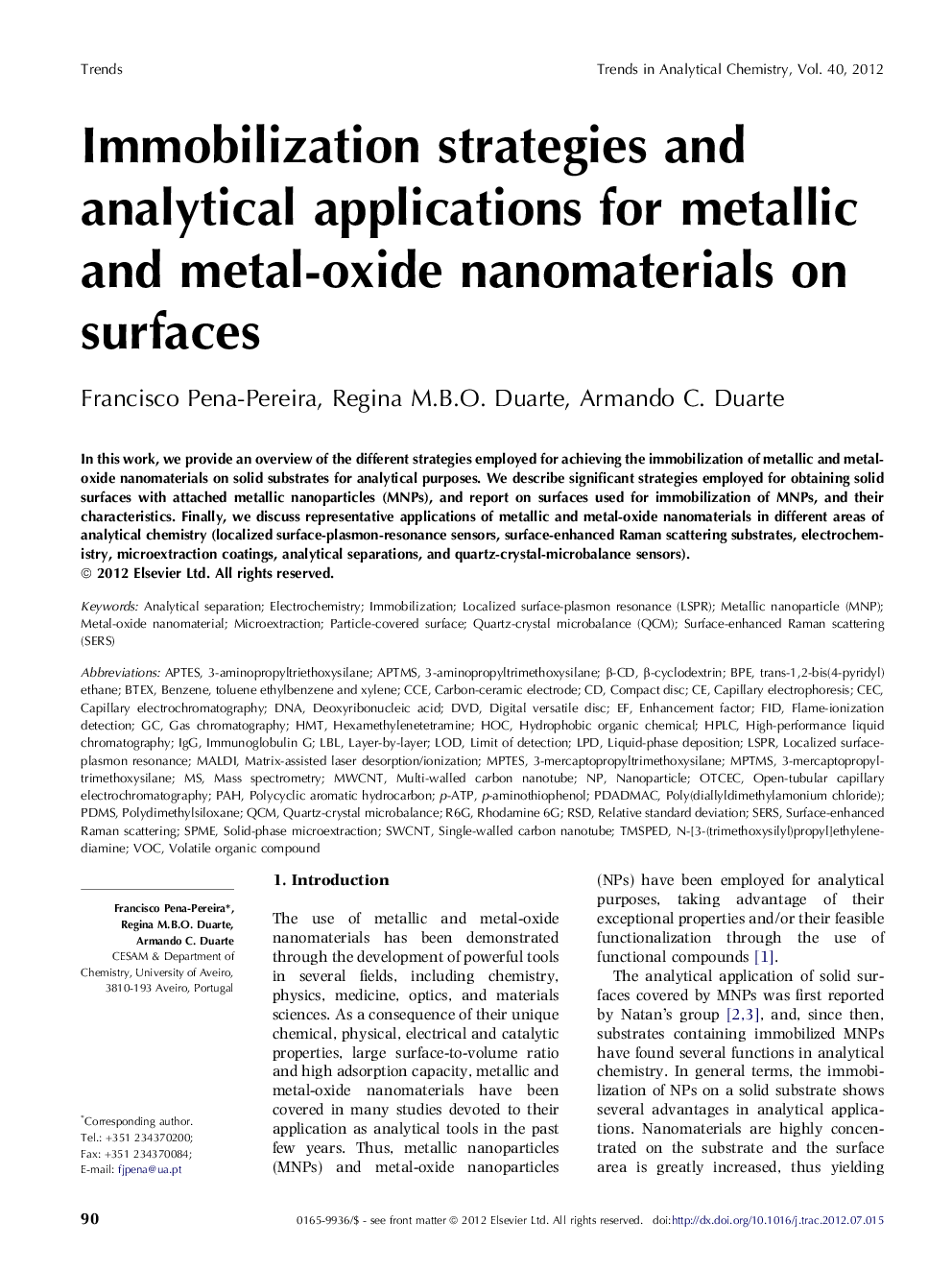 Immobilization strategies and analytical applications for metallic and metal-oxide nanomaterials on surfaces