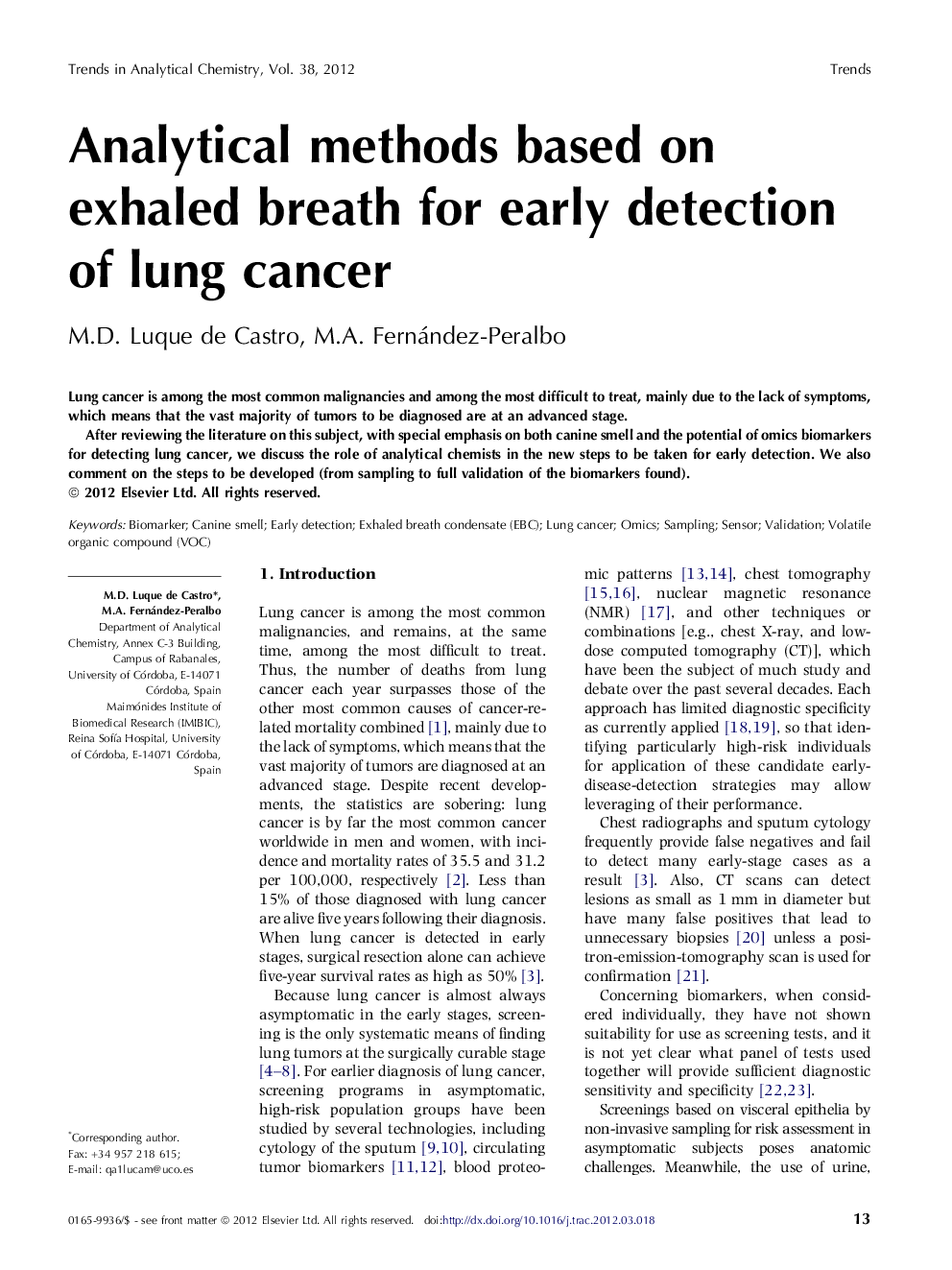 Analytical methods based on exhaled breath for early detection of lung cancer