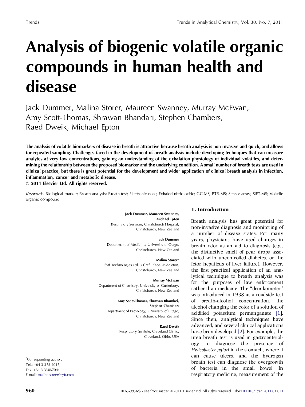 Analysis of biogenic volatile organic compounds in human health and disease