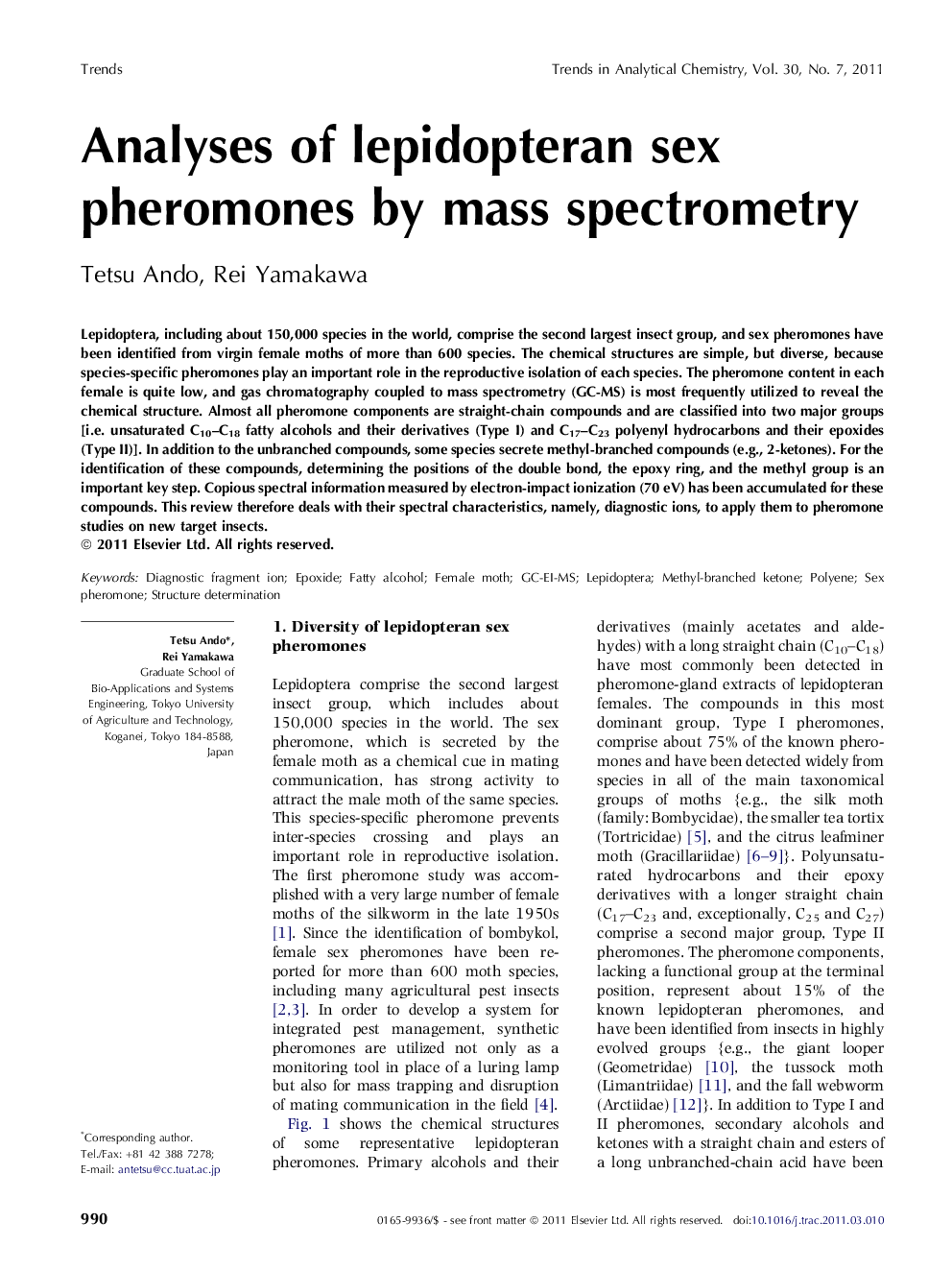 Analyses of lepidopteran sex pheromones by mass spectrometry