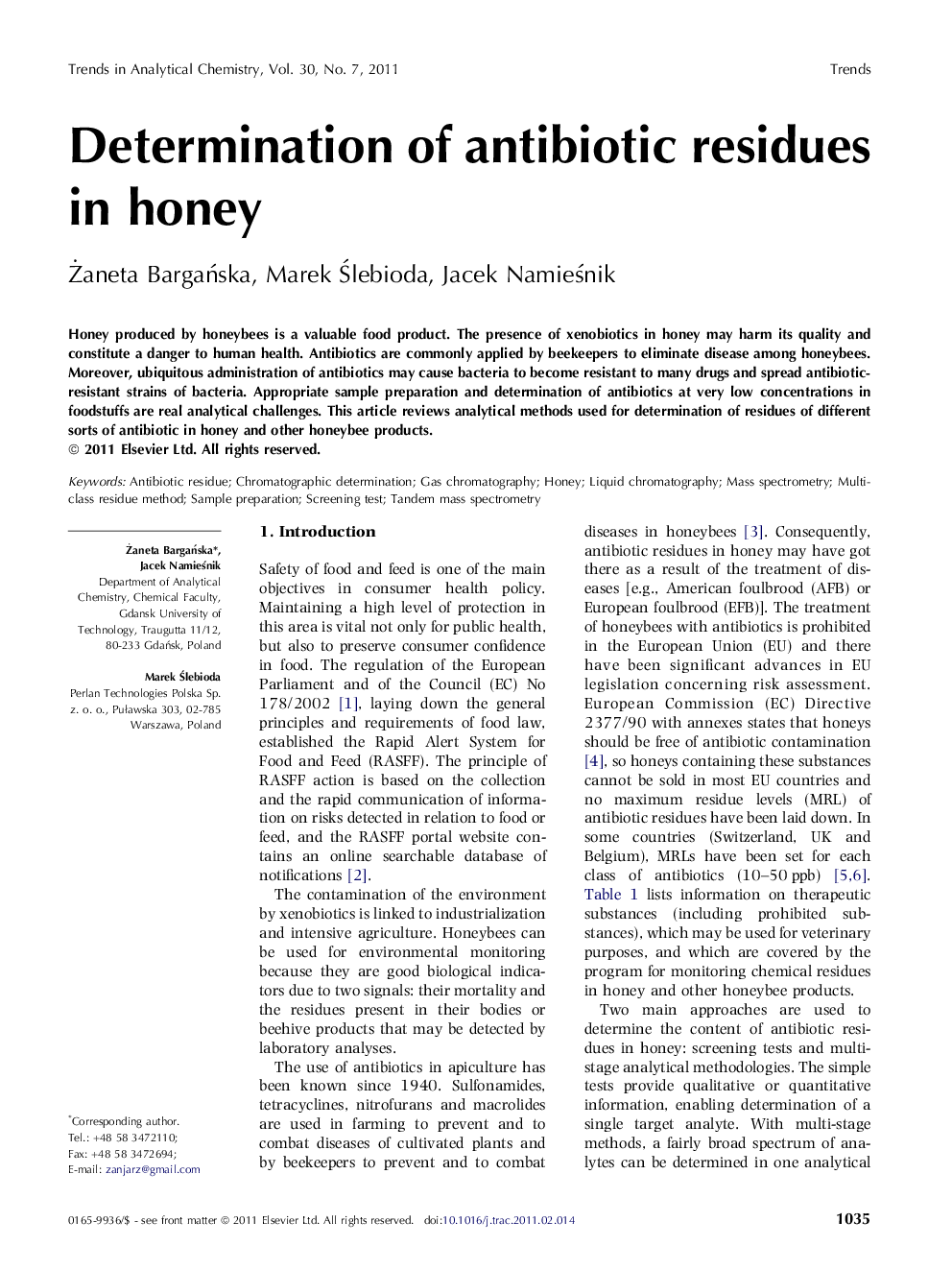 Determination of antibiotic residues in honey