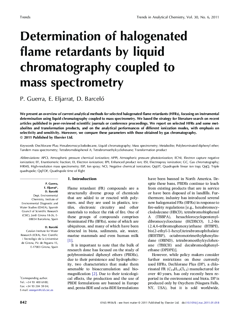 Determination of halogenated flame retardants by liquid chromatography coupled to mass spectrometry