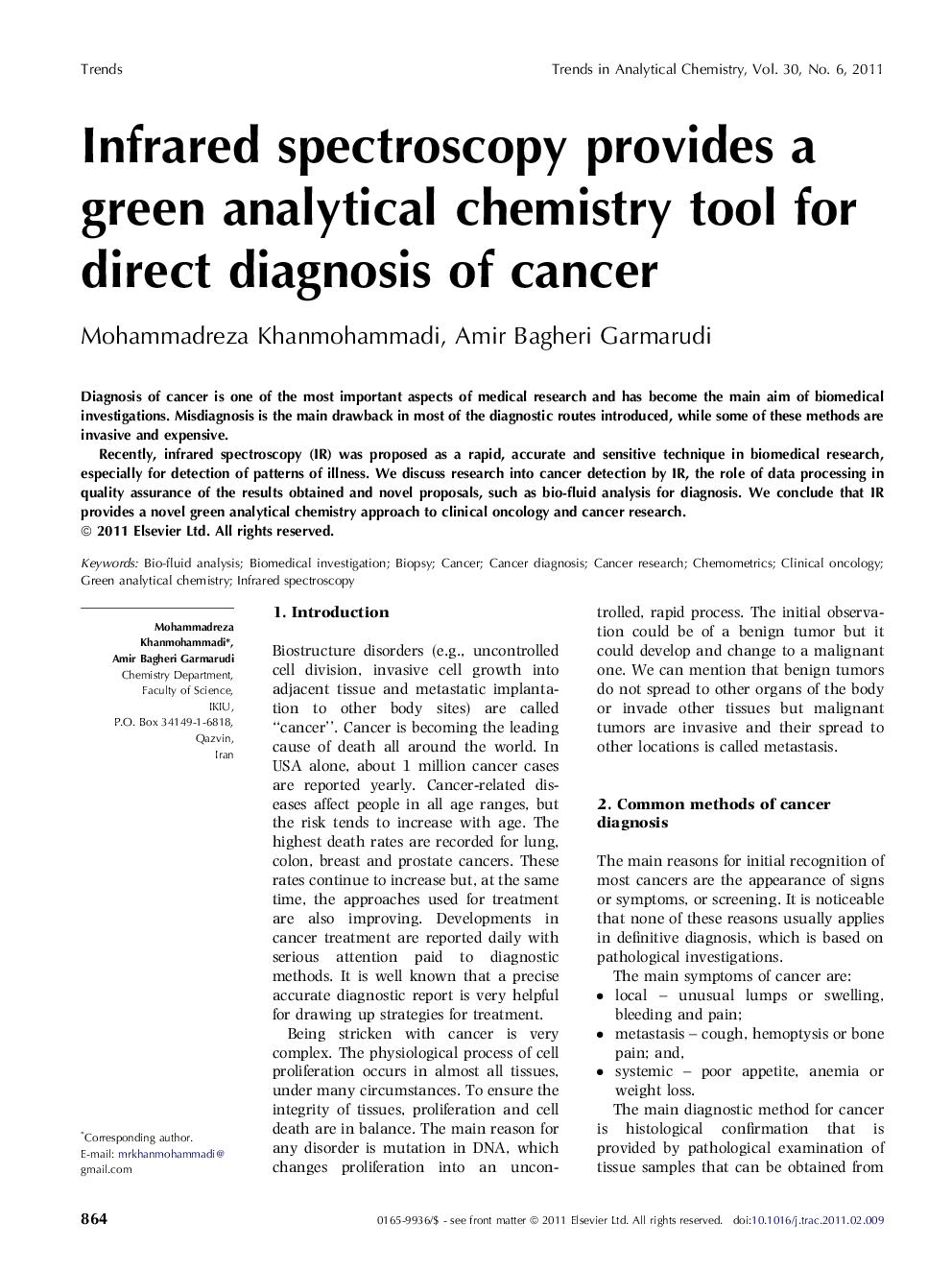 Infrared spectroscopy provides a green analytical chemistry tool for direct diagnosis of cancer