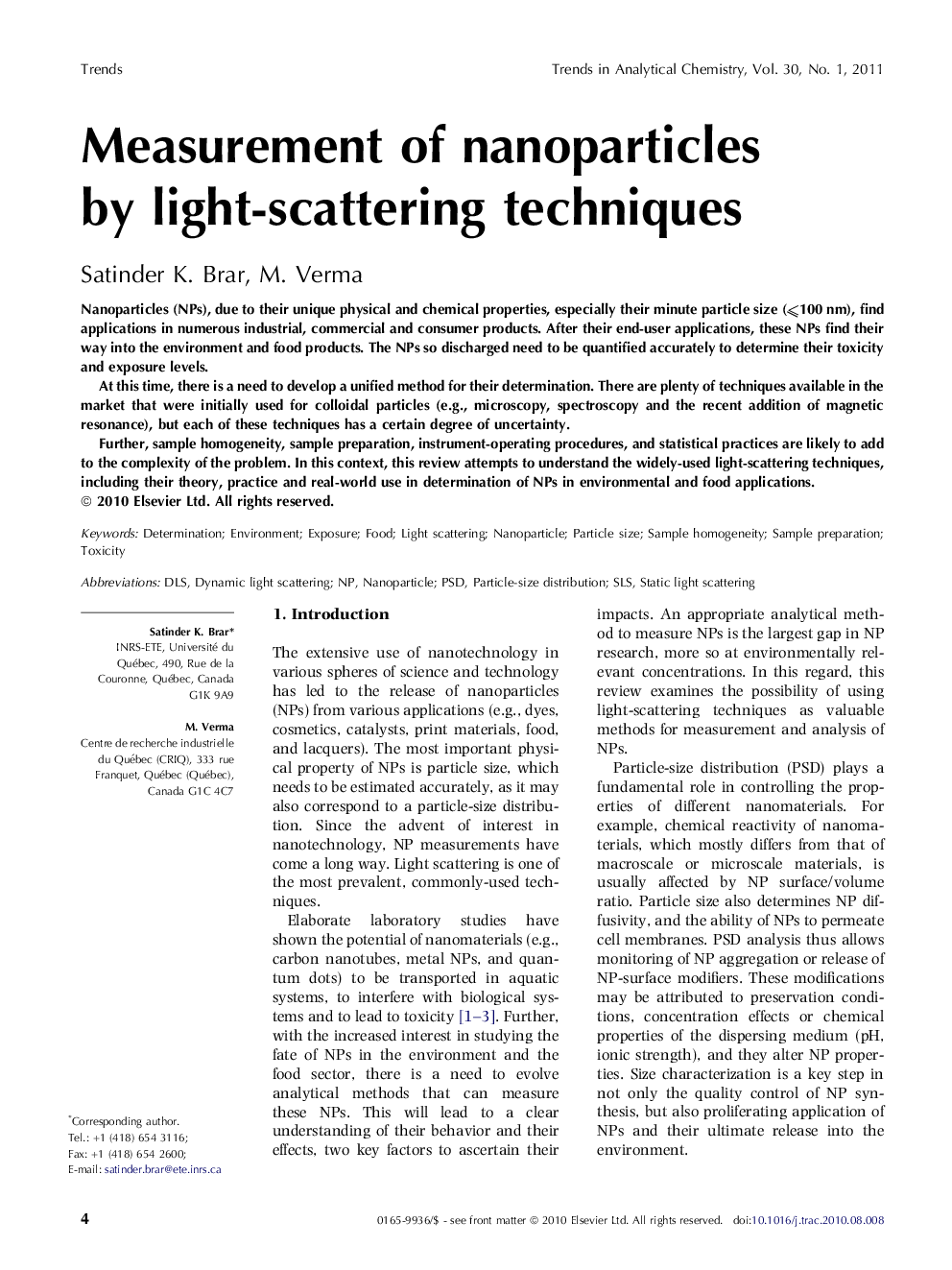 Measurement of nanoparticles by light-scattering techniques