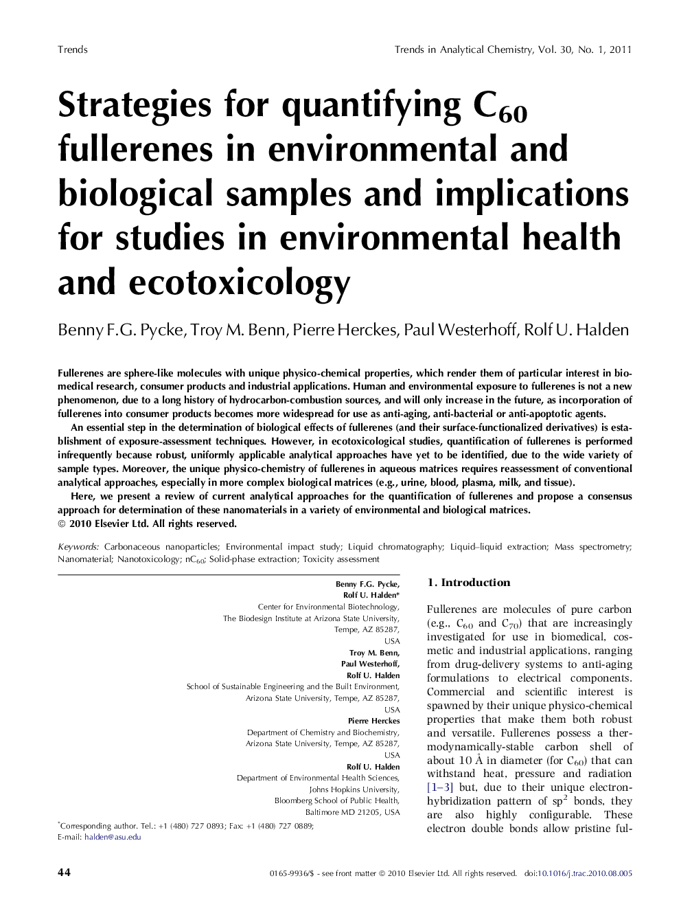 عکس صفحه اول مقاله: Strategies for quantifying C60 fullerenes in environmental and biological samples and implications for studies in environmental health and ecotoxicology Strategies for quantifying C60 fullerenes in environmental and biological samples and implications for studies in environmental health and ecotoxicology