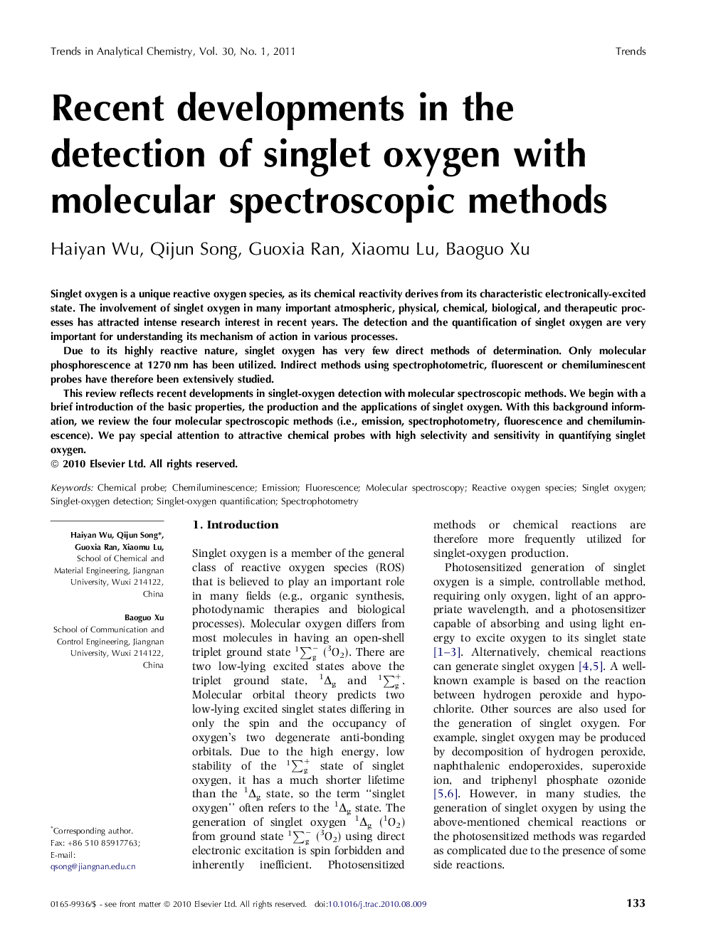 Recent developments in the detection of singlet oxygen with molecular spectroscopic methods