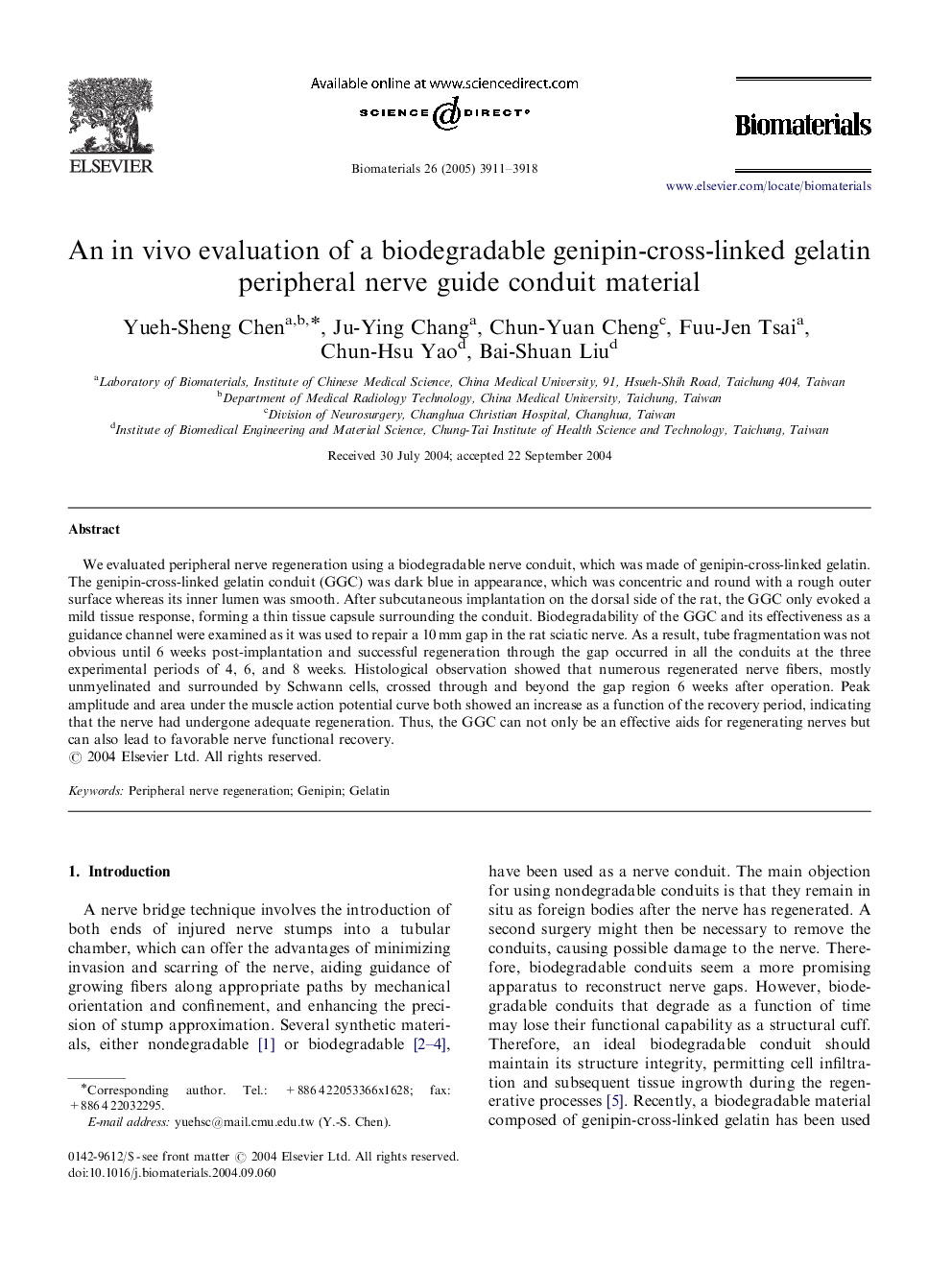 An in vivo evaluation of a biodegradable genipin-cross-linked gelatin peripheral nerve guide conduit material