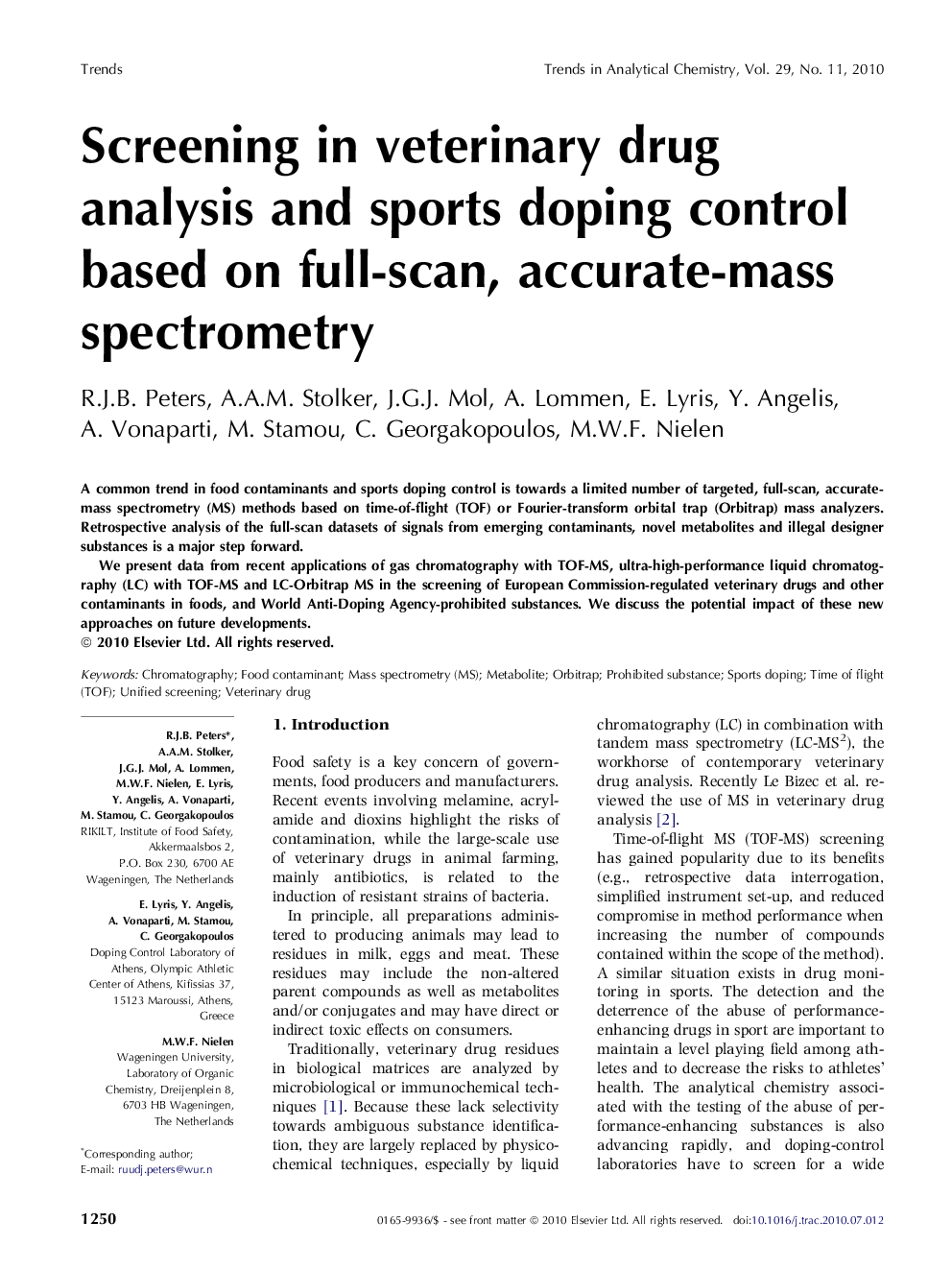 Screening in veterinary drug analysis and sports doping control based on full-scan, accurate-mass spectrometry
