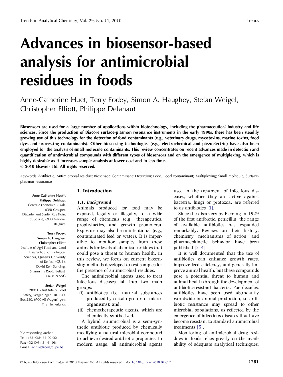 Advances in biosensor-based analysis for antimicrobial residues in foods