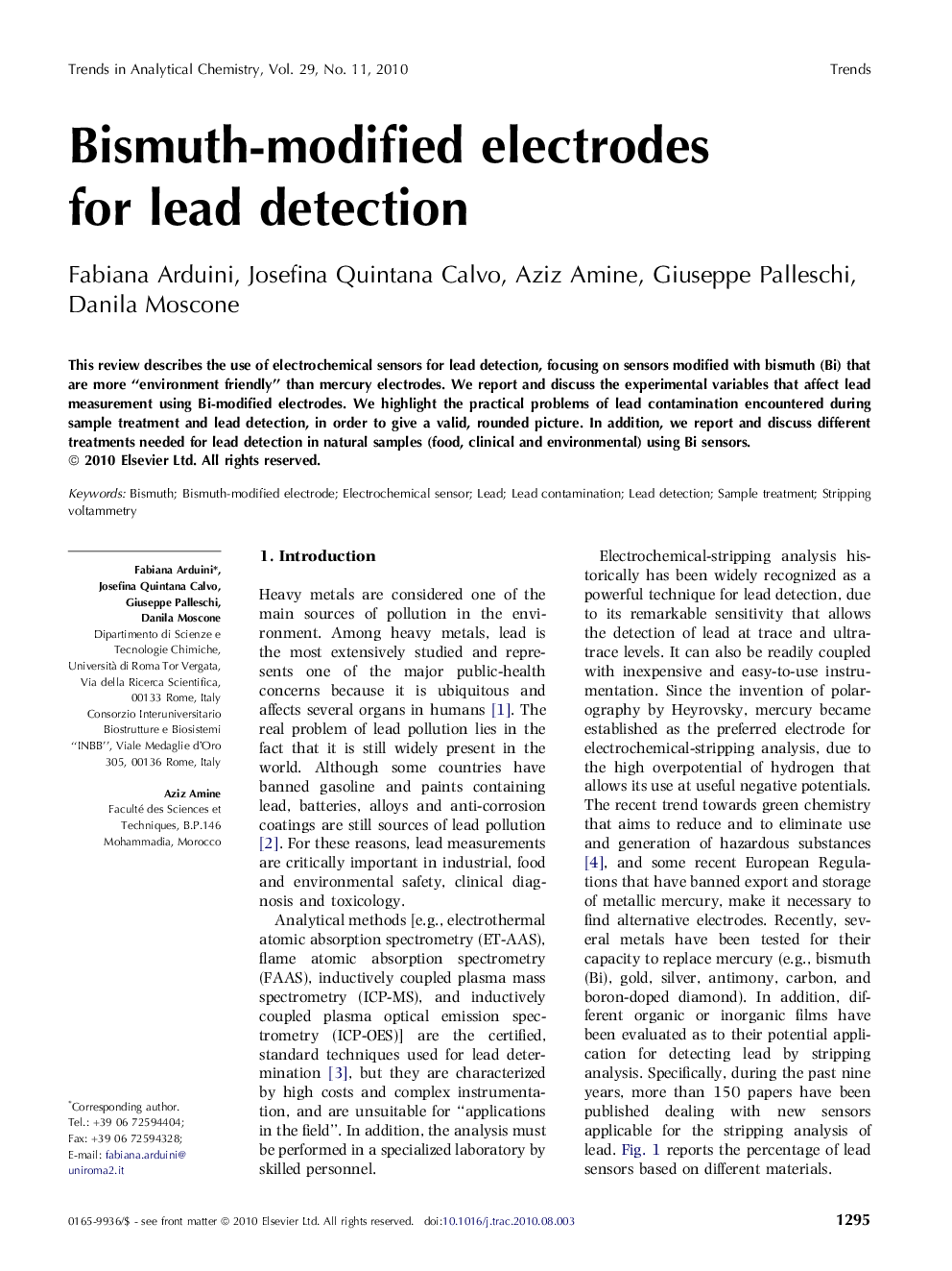 Bismuth-modified electrodes for lead detection