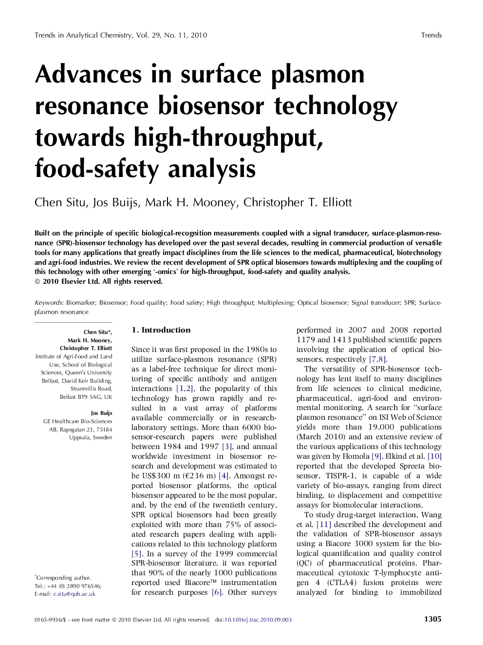 Advances in surface plasmon resonance biosensor technology towards high-throughput, food-safety analysis