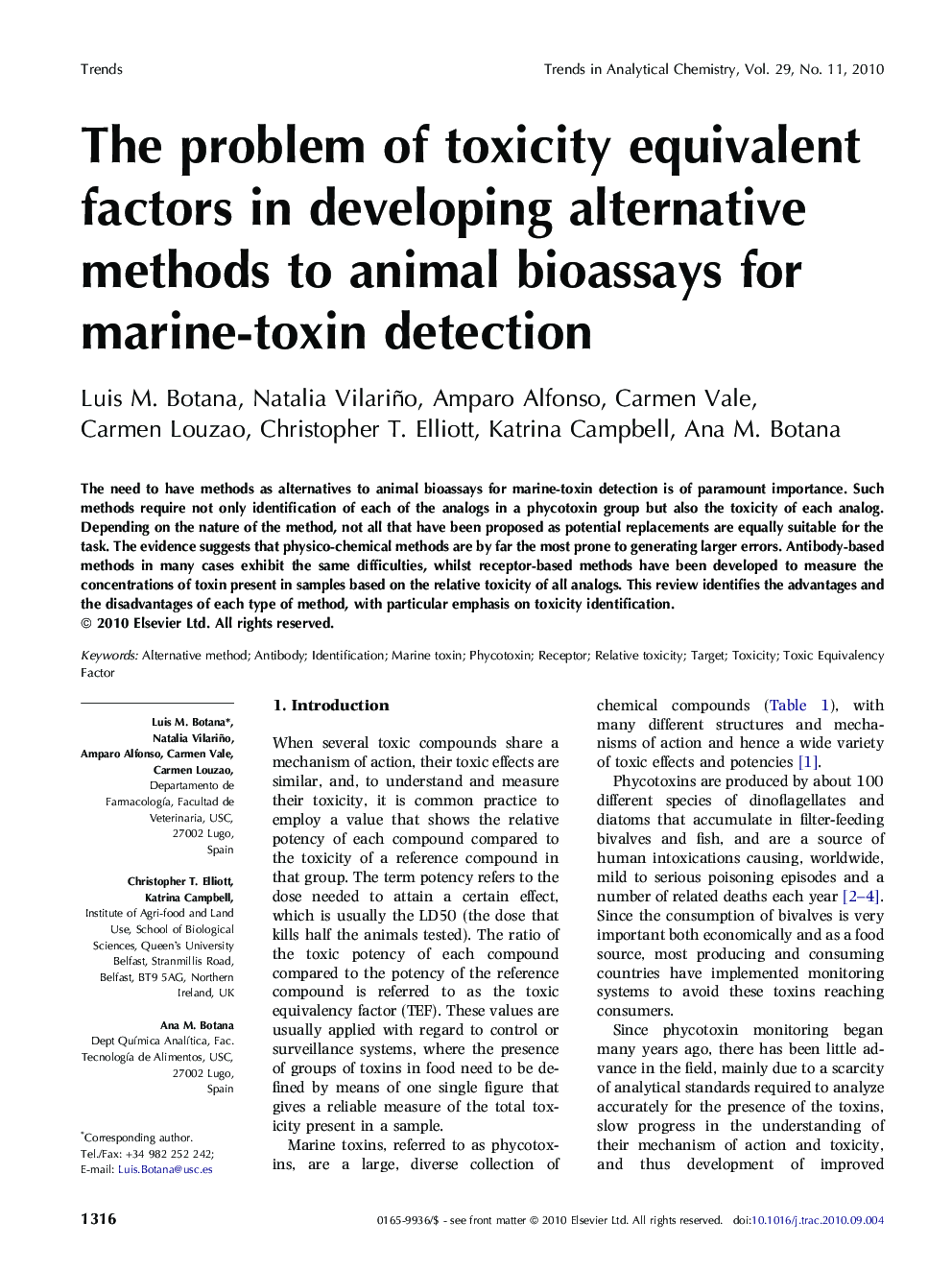 The problem of toxicity equivalent factors in developing alternative methods to animal bioassays for marine-toxin detection