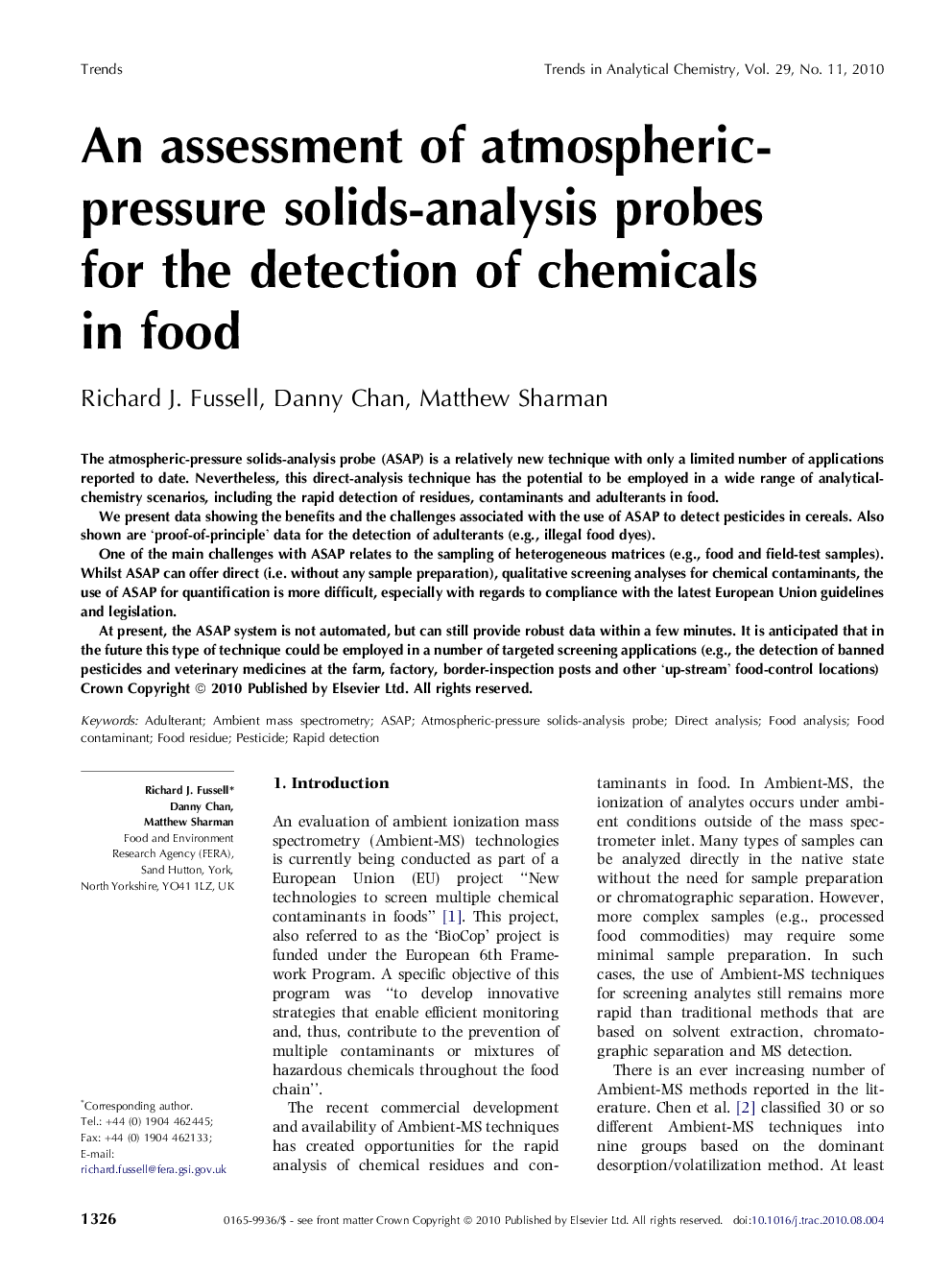 An assessment of atmospheric-pressure solids-analysis probes for the detection of chemicals in food