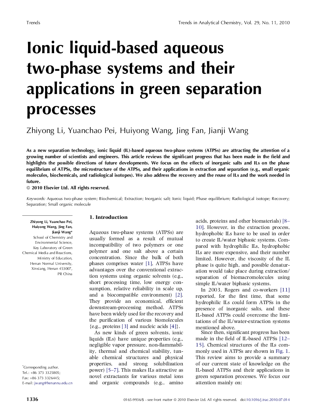 Ionic liquid-based aqueous two-phase systems and their applications in green separation processes