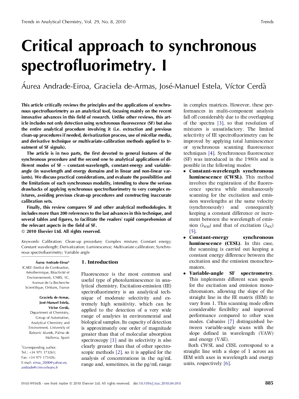 Critical approach to synchronous spectrofluorimetry. I