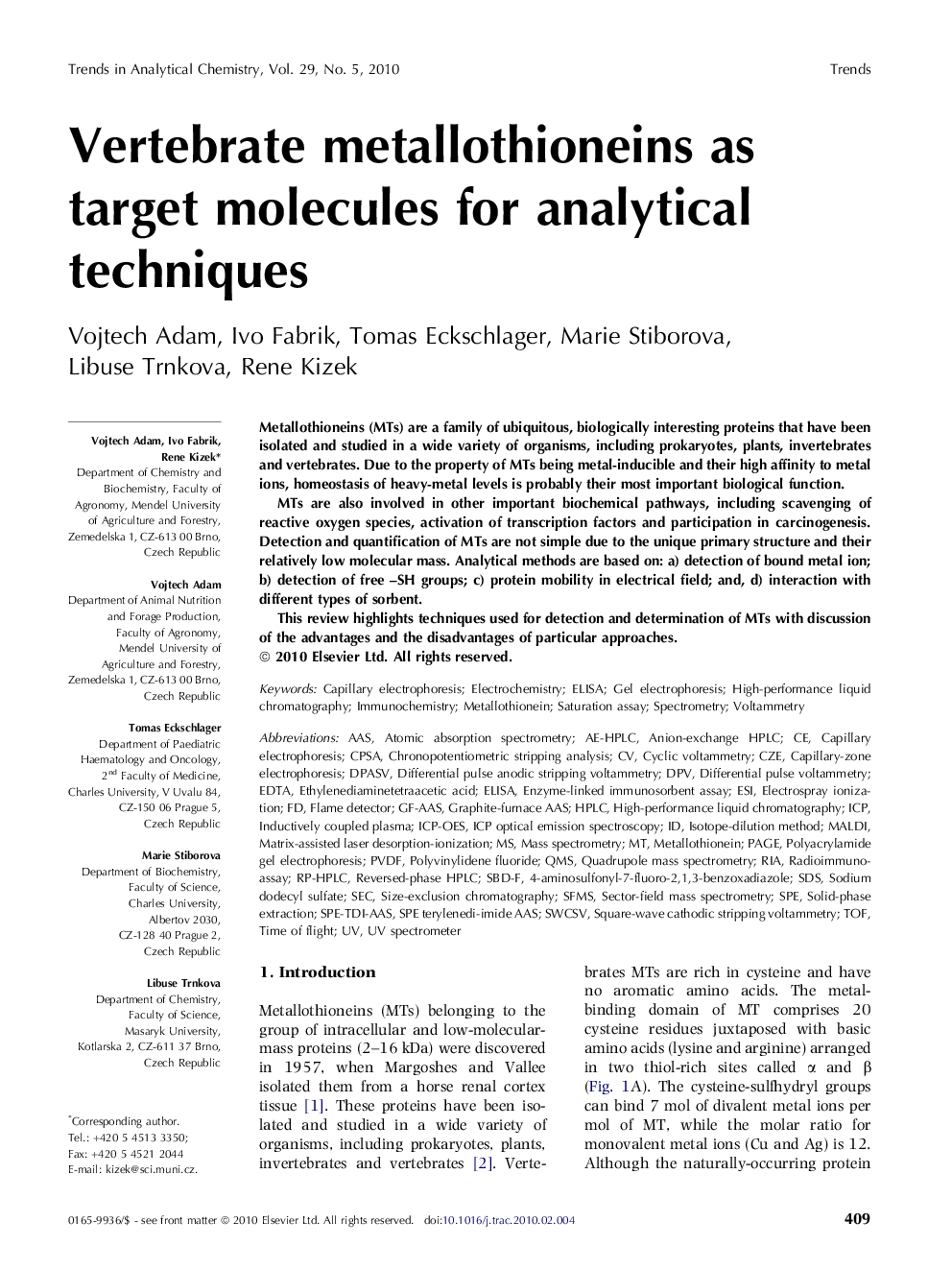 Vertebrate metallothioneins as target molecules for analytical techniques