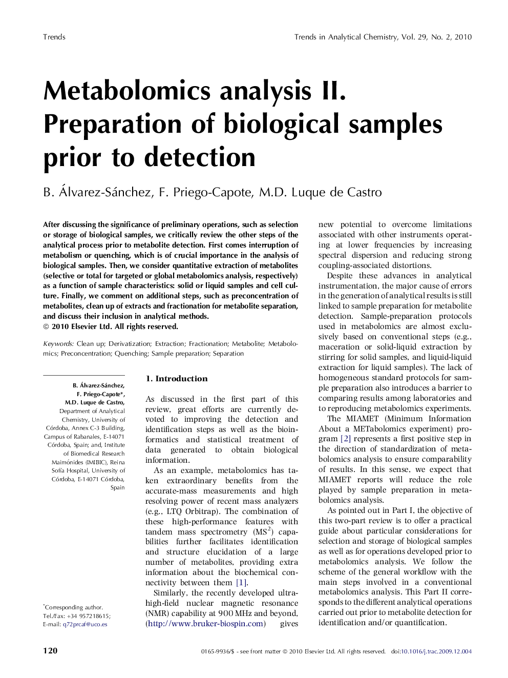 Metabolomics analysis II. Preparation of biological samples prior to detection