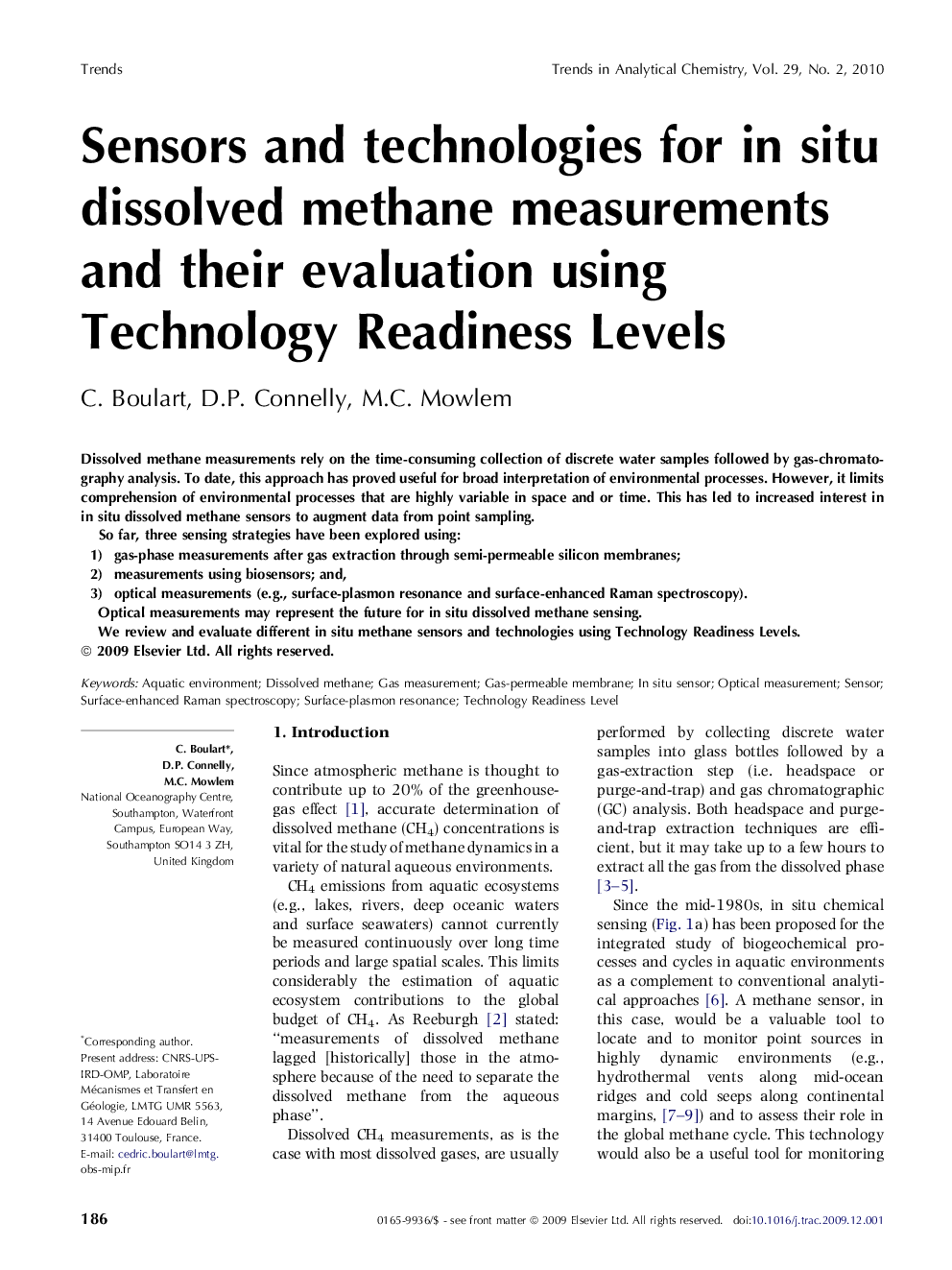 Sensors and technologies for in situ dissolved methane measurements and their evaluation using Technology Readiness Levels