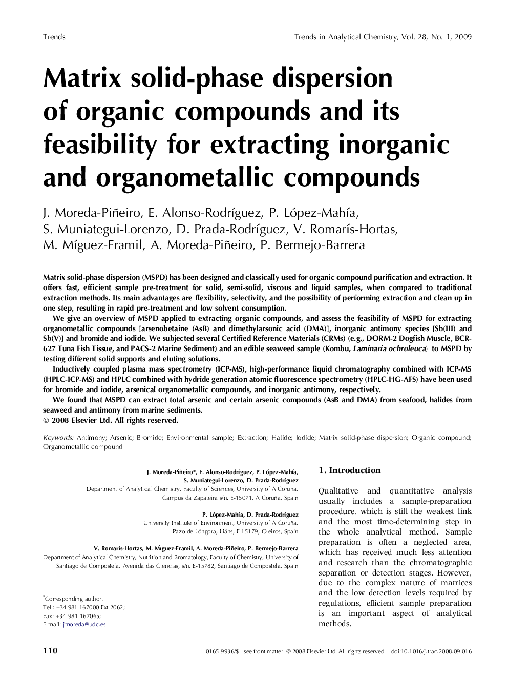 Matrix solid-phase dispersion of organic compounds and its feasibility for extracting inorganic and organometallic compounds