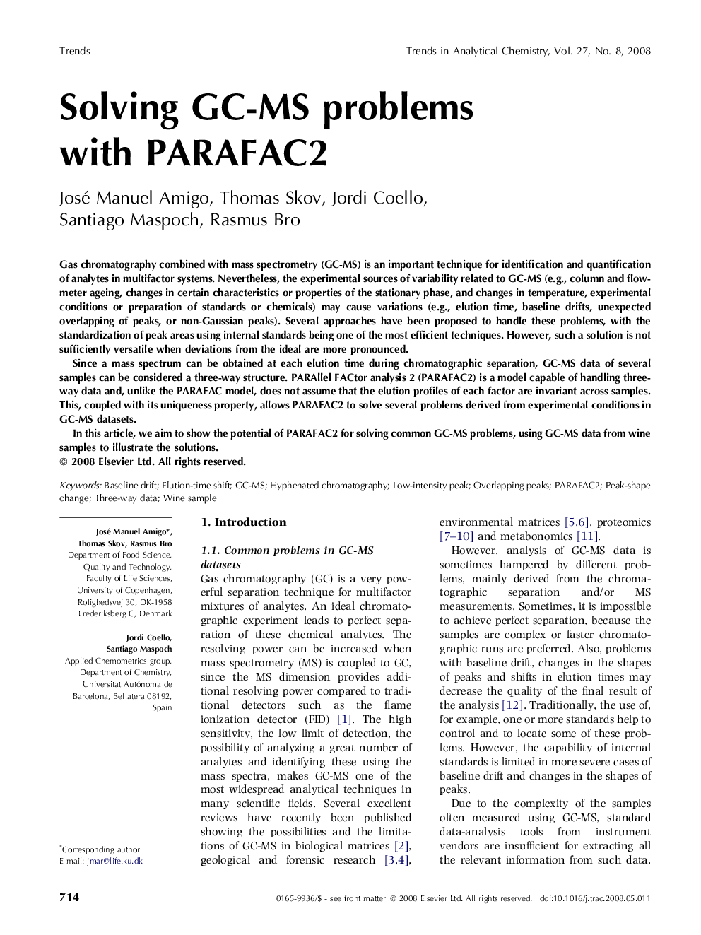 Solving GC-MS problems with PARAFAC2