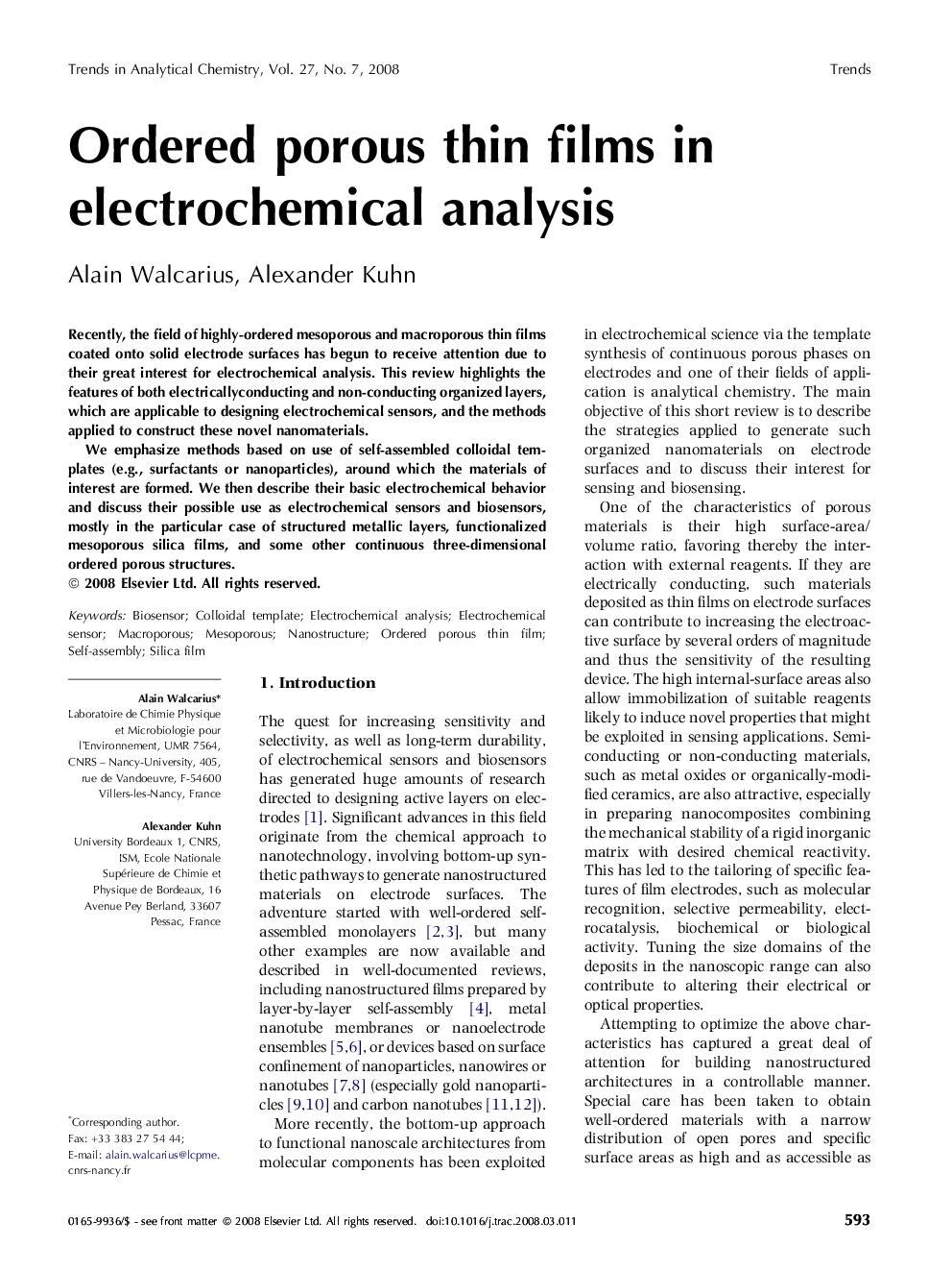 Ordered porous thin films in electrochemical analysis