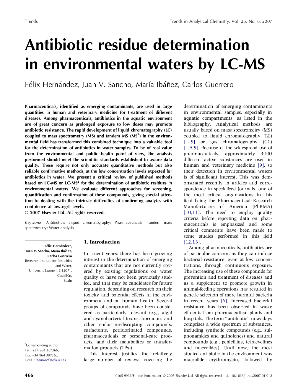 Antibiotic residue determination in environmental waters by LC-MS