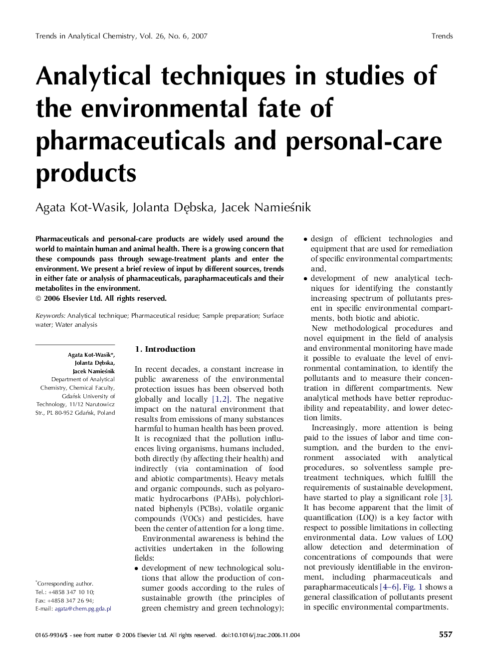 Analytical techniques in studies of the environmental fate of pharmaceuticals and personal-care products