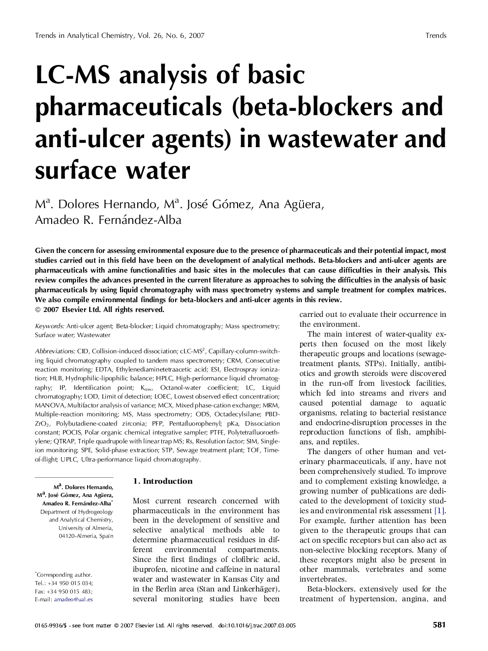 LC-MS analysis of basic pharmaceuticals (beta-blockers and anti-ulcer agents) in wastewater and surface water