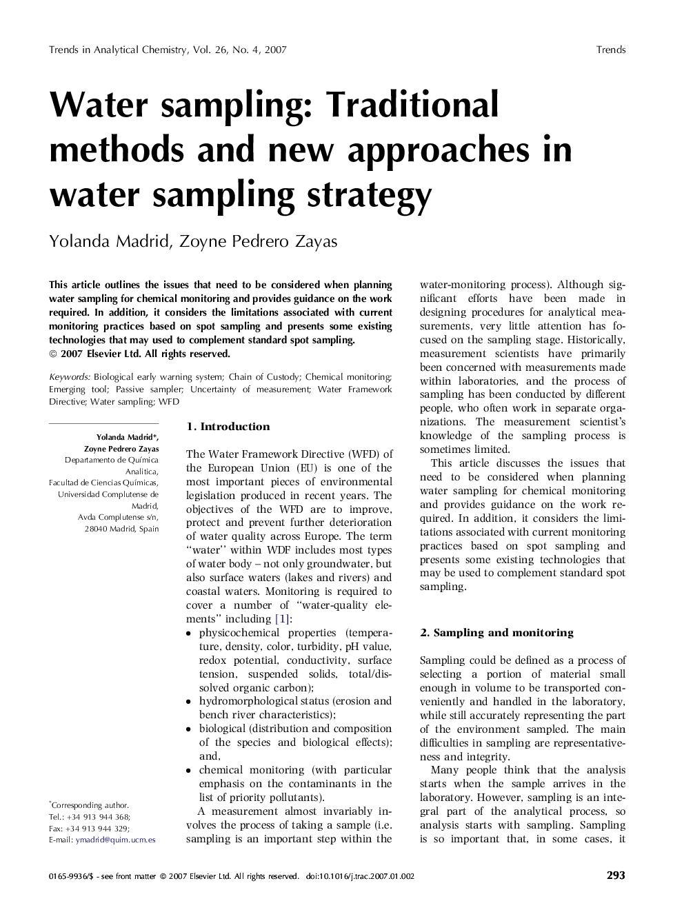 Water sampling: Traditional methods and new approaches in water sampling strategy