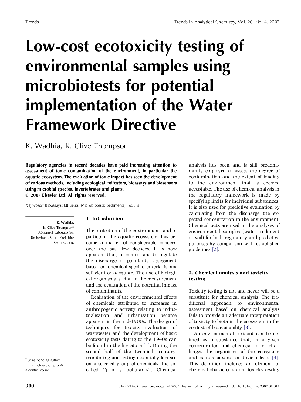 Low-cost ecotoxicity testing of environmental samples using microbiotests for potential implementation of the Water Framework Directive