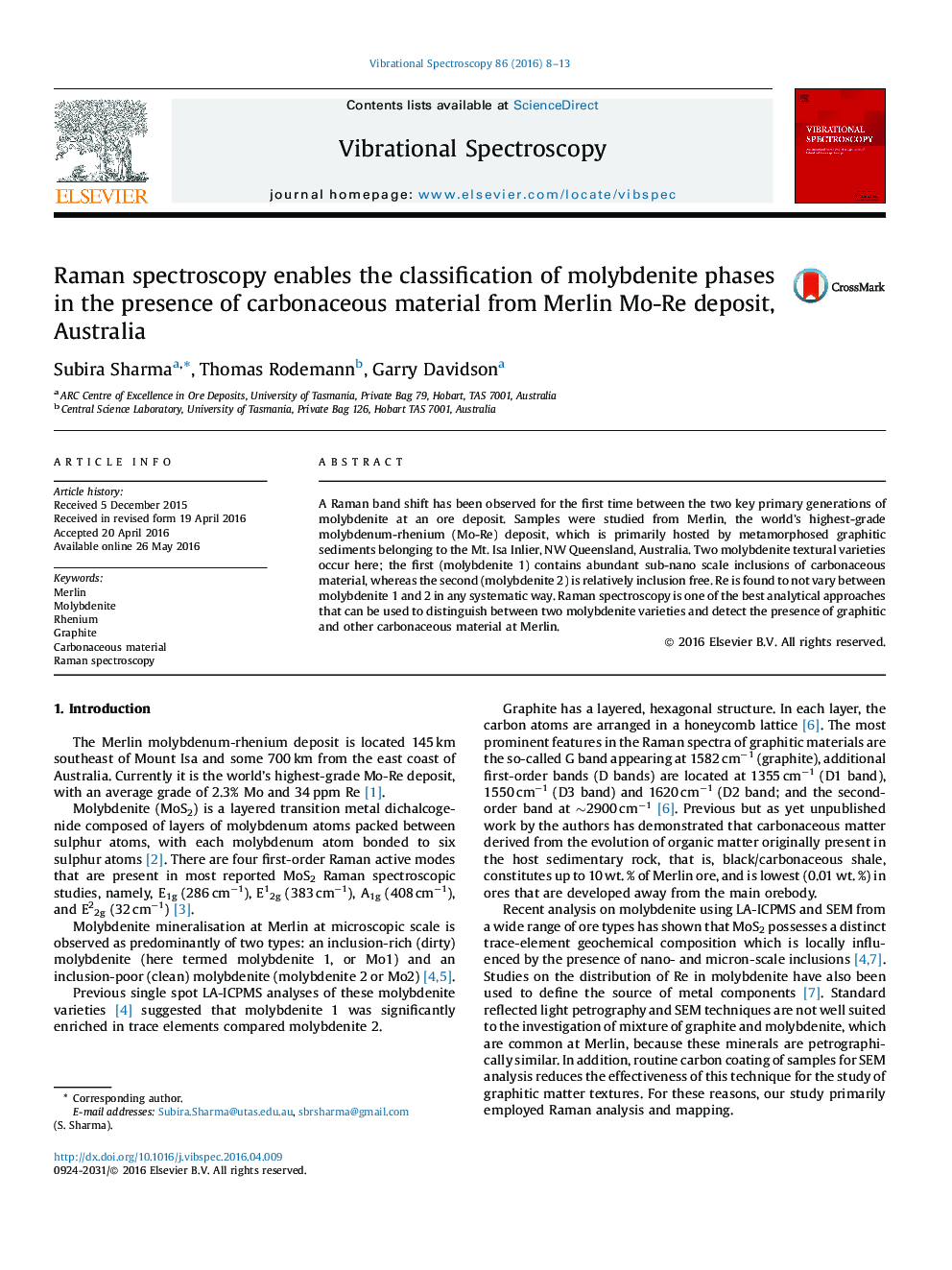 Raman spectroscopy enables the classification of molybdenite phases in the presence of carbonaceous material from Merlin Mo-Re deposit, Australia