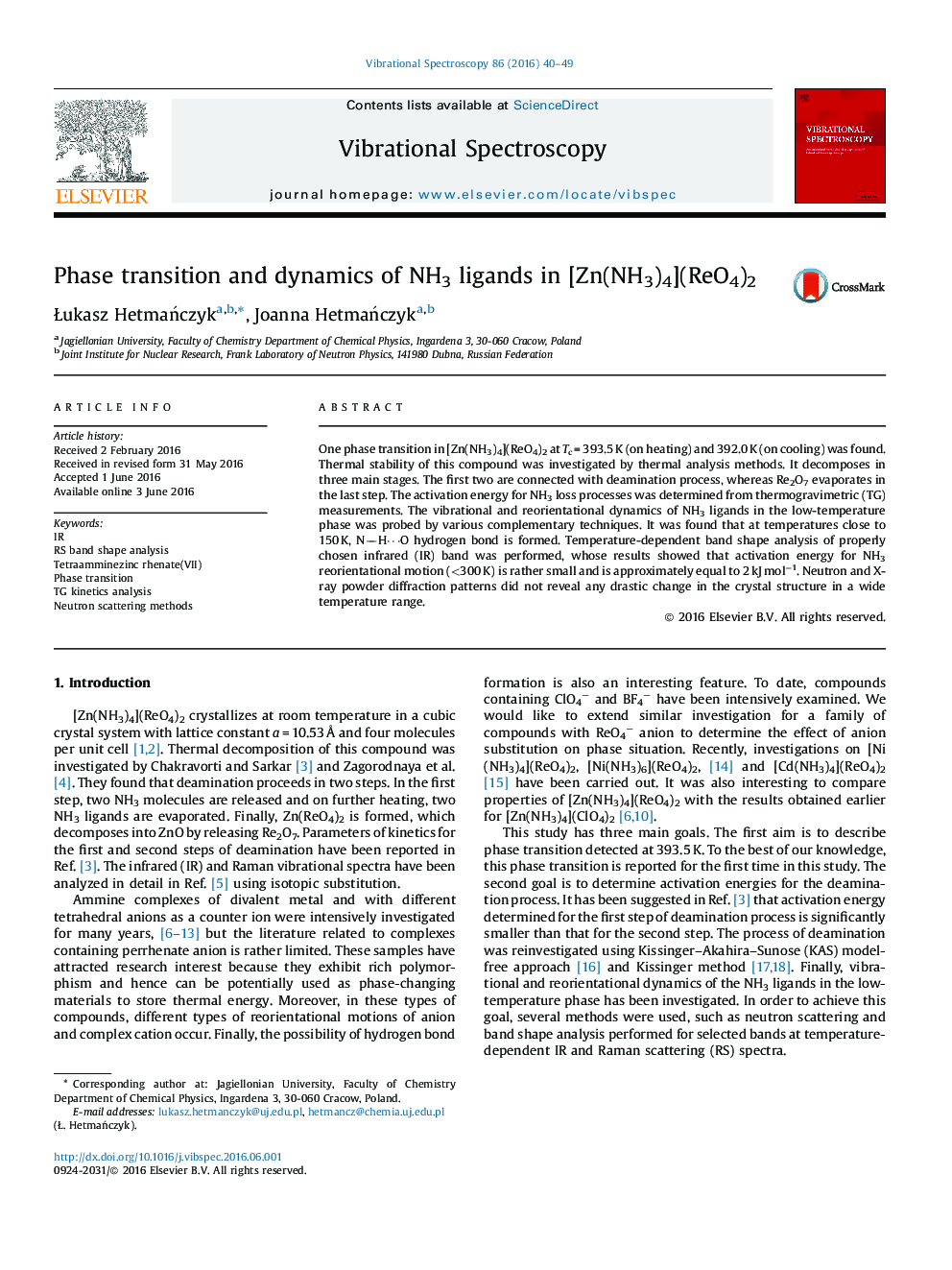 Phase transition and dynamics of NH3 ligands in [Zn(NH3)4](ReO4)2