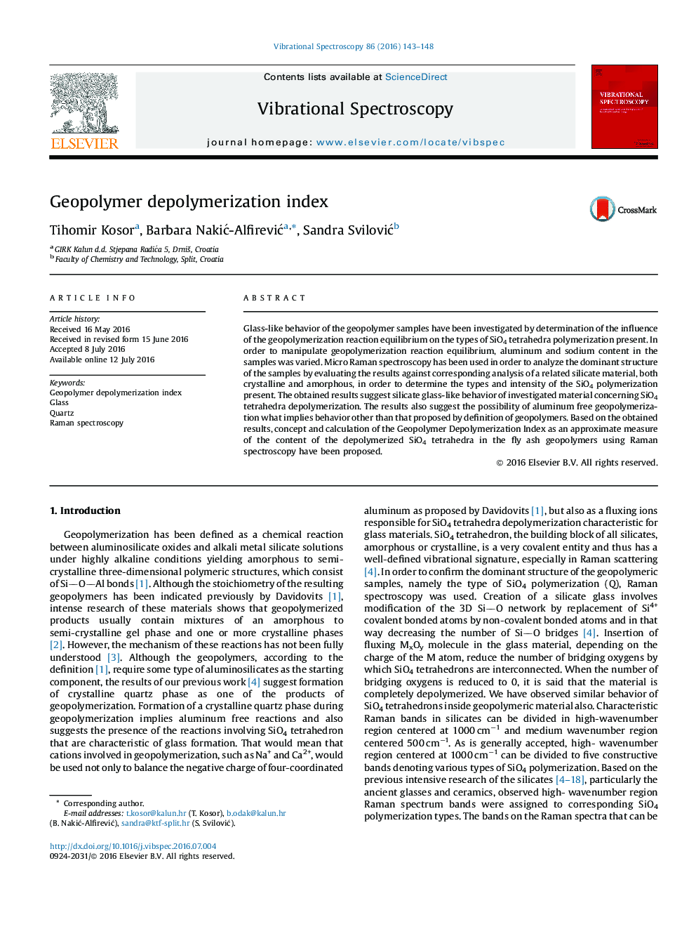 Geopolymer depolymerization index