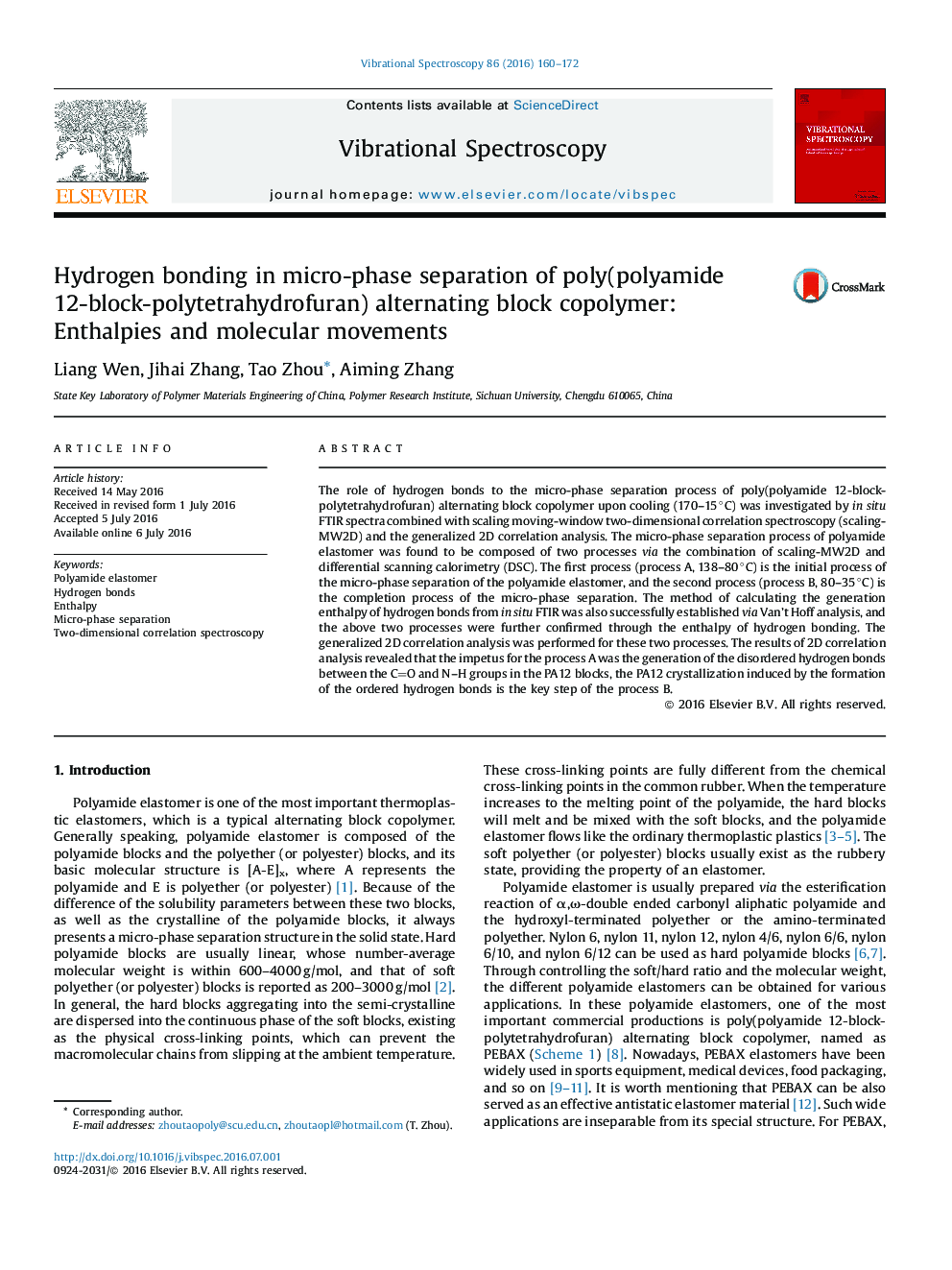 Hydrogen bonding in micro-phase separation of poly(polyamide 12-block-polytetrahydrofuran) alternating block copolymer: Enthalpies and molecular movements