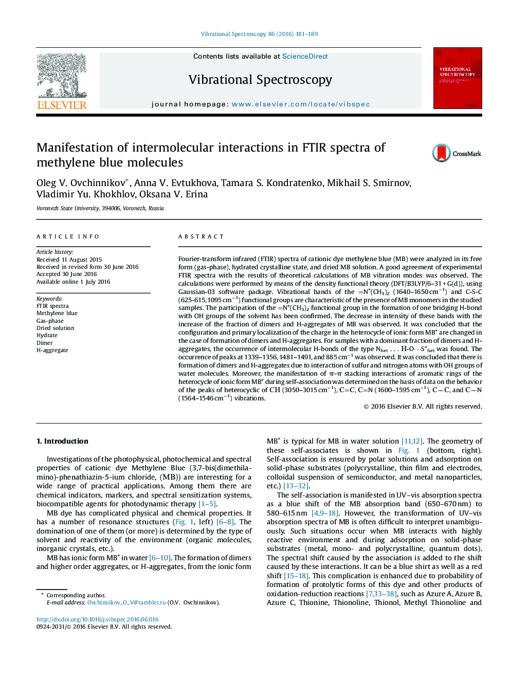 Manifestation of intermolecular interactions in FTIR spectra of methylene blue molecules