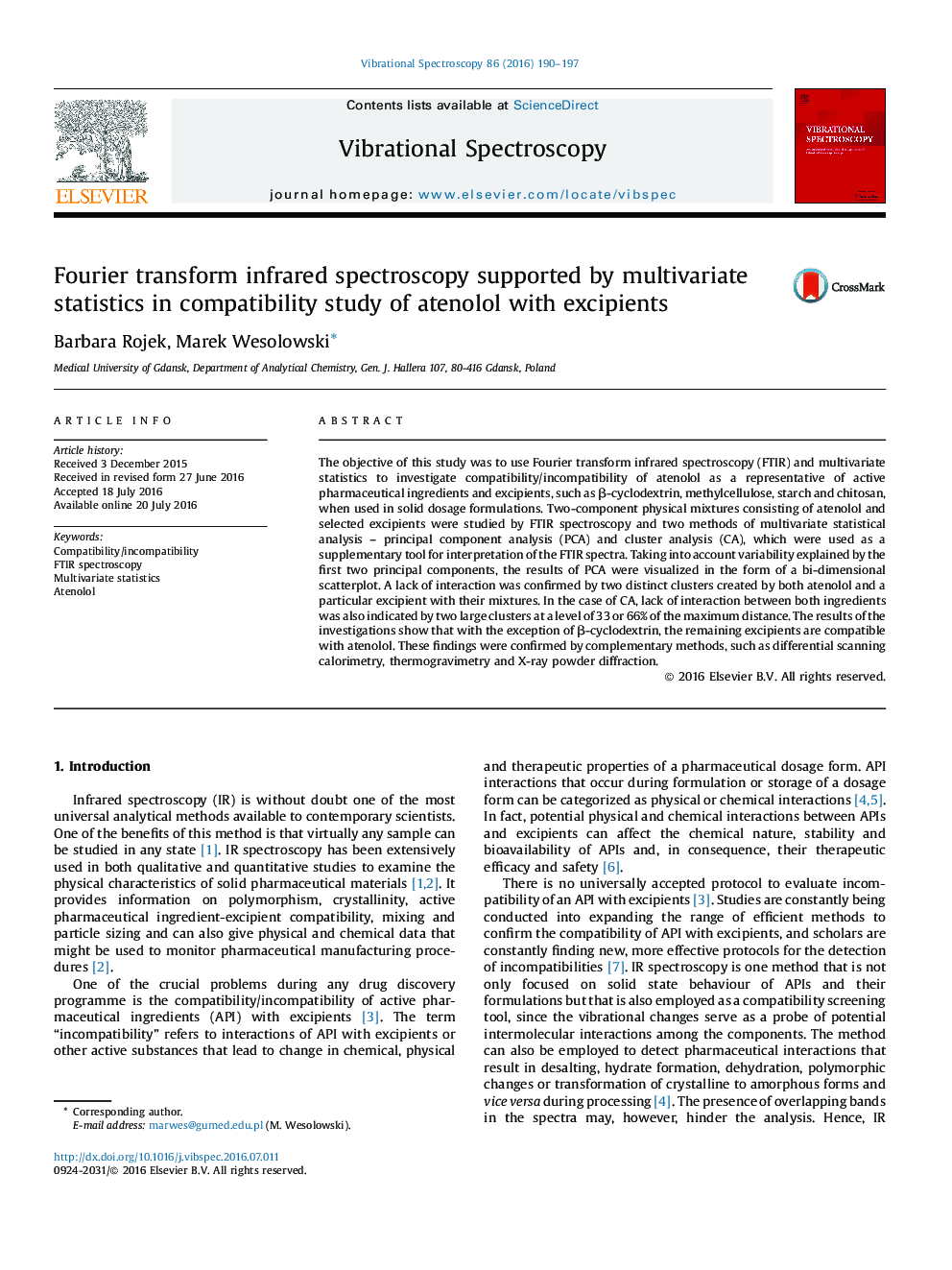 Fourier transform infrared spectroscopy supported by multivariate statistics in compatibility study of atenolol with excipients