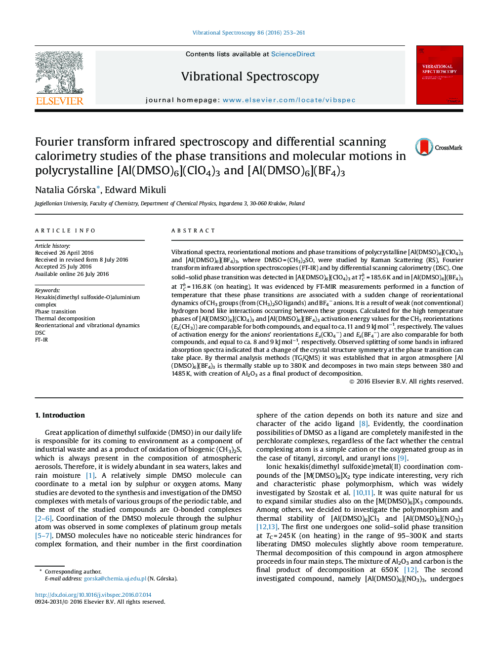 Fourier transform infrared spectroscopy and differential scanning calorimetry studies of the phase transitions and molecular motions in polycrystalline [Al(DMSO)6](ClO4)3 and [Al(DMSO)6](BF4)3