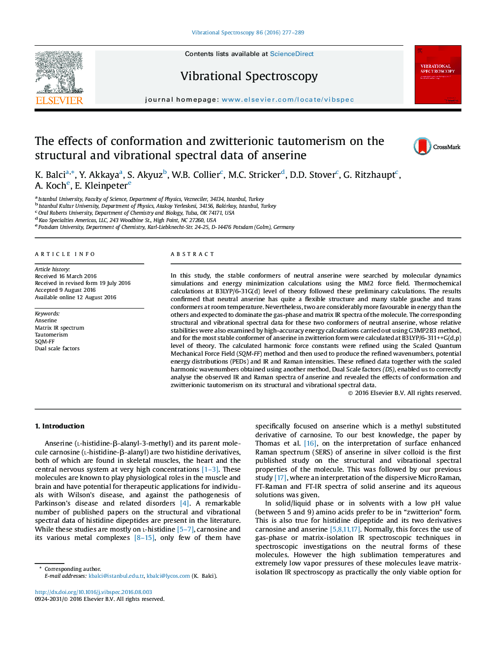 The effects of conformation and zwitterionic tautomerism on the structural and vibrational spectral data of anserine