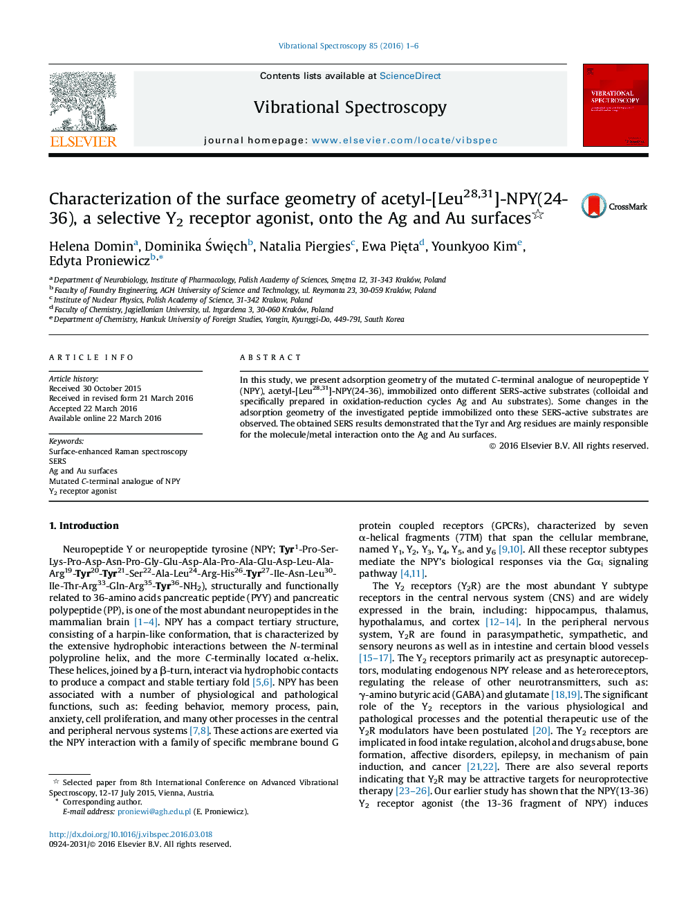 Characterization of the surface geometry of acetyl-[Leu28,31]-NPY(24-36), a selective Y2 receptor agonist, onto the Ag and Au surfaces 